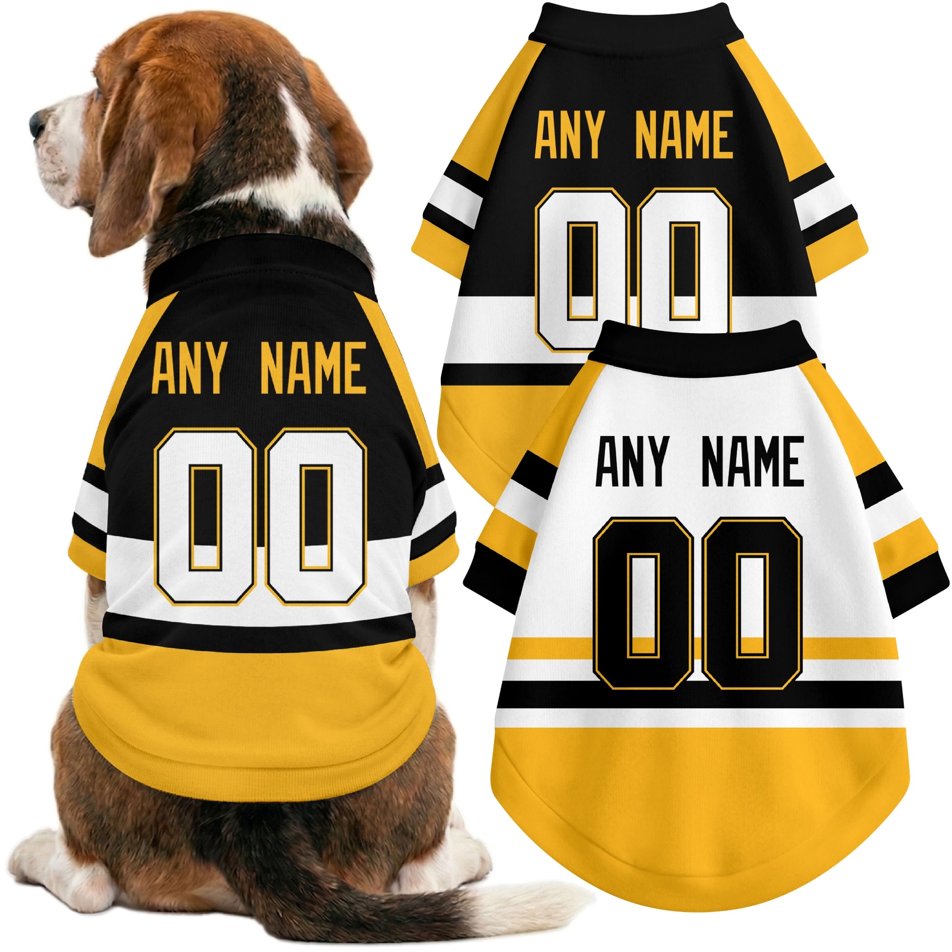 Dog wearing custom hockey-style jersey in Black and White colors with personalized name and number