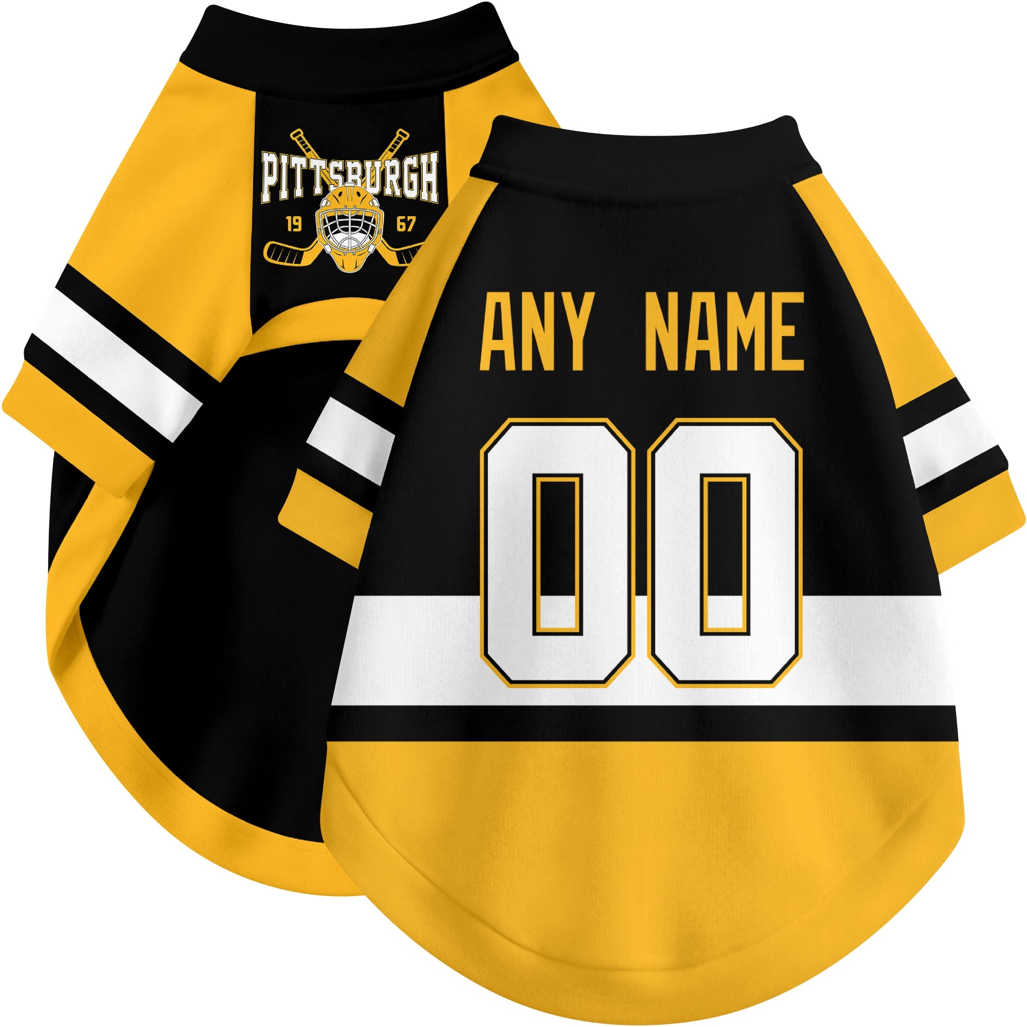 Custom hockey-style dog jersey color option 1 in Black and White