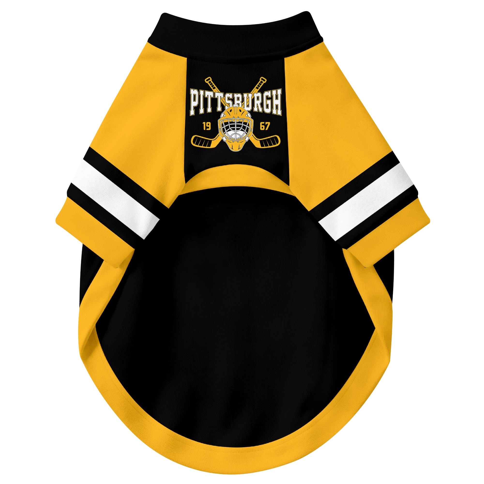 Front view of custom hockey-style dog jersey in Black and White colors