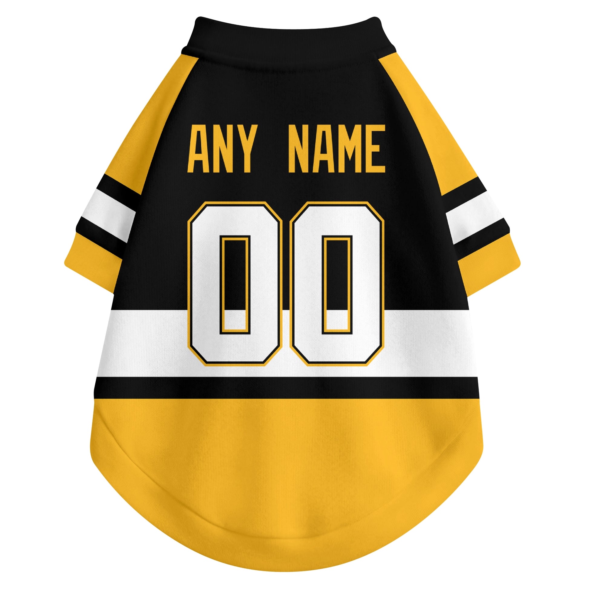 Back view of custom hockey-style dog jersey in Black and White colors with personalized name and number