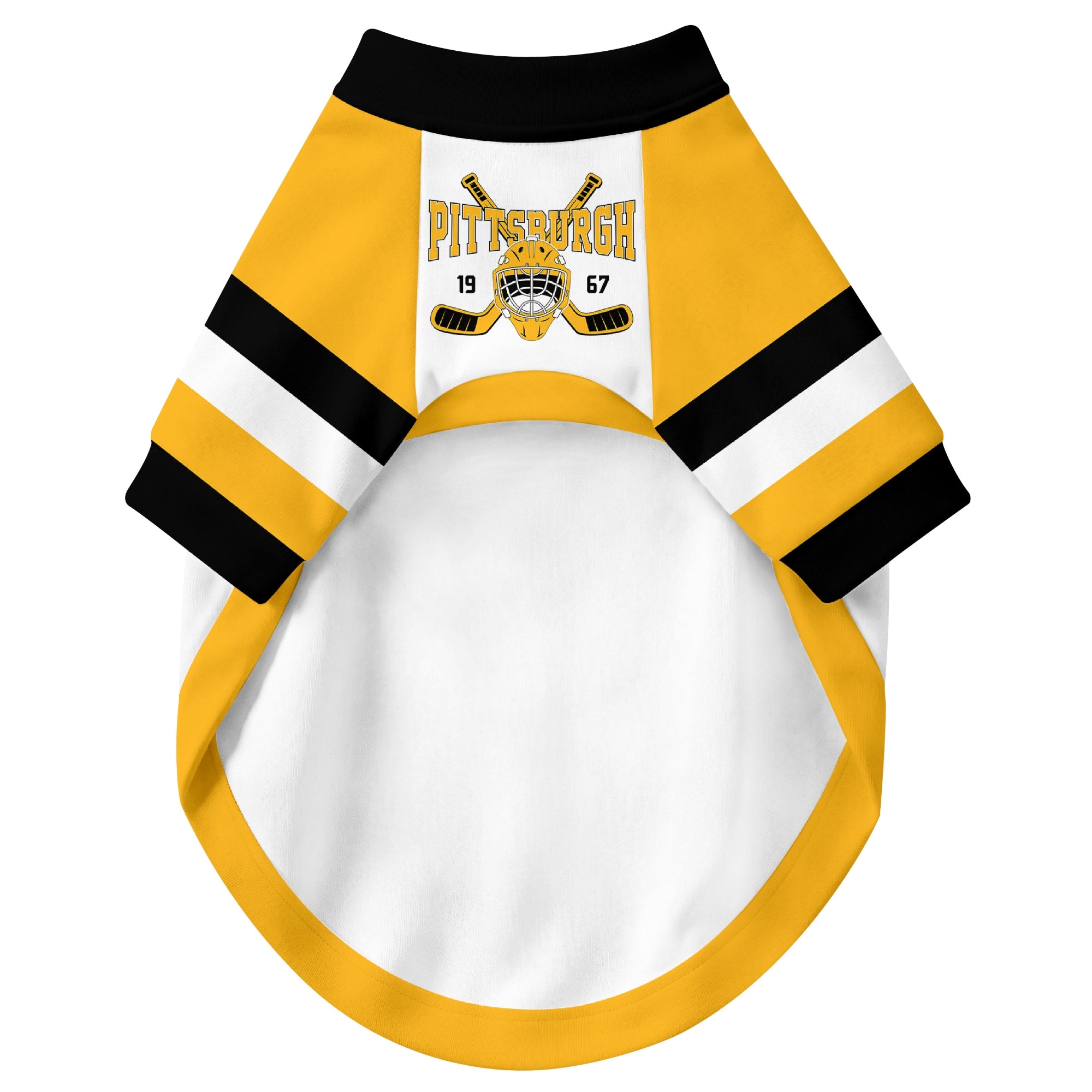 Front view of custom hockey-style dog jersey in White and Black colors