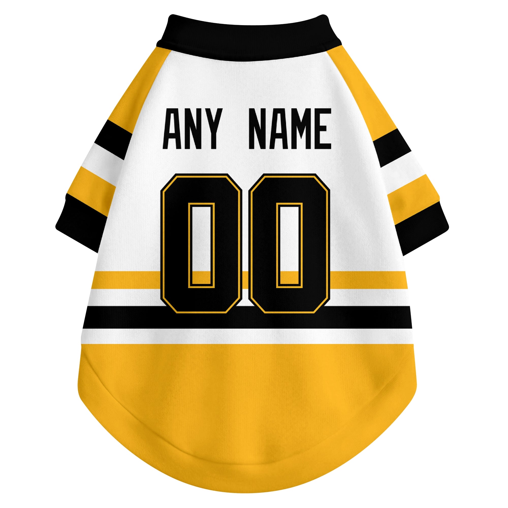 Back view of custom hockey-style dog jersey in White and Black colors with personalized name and number