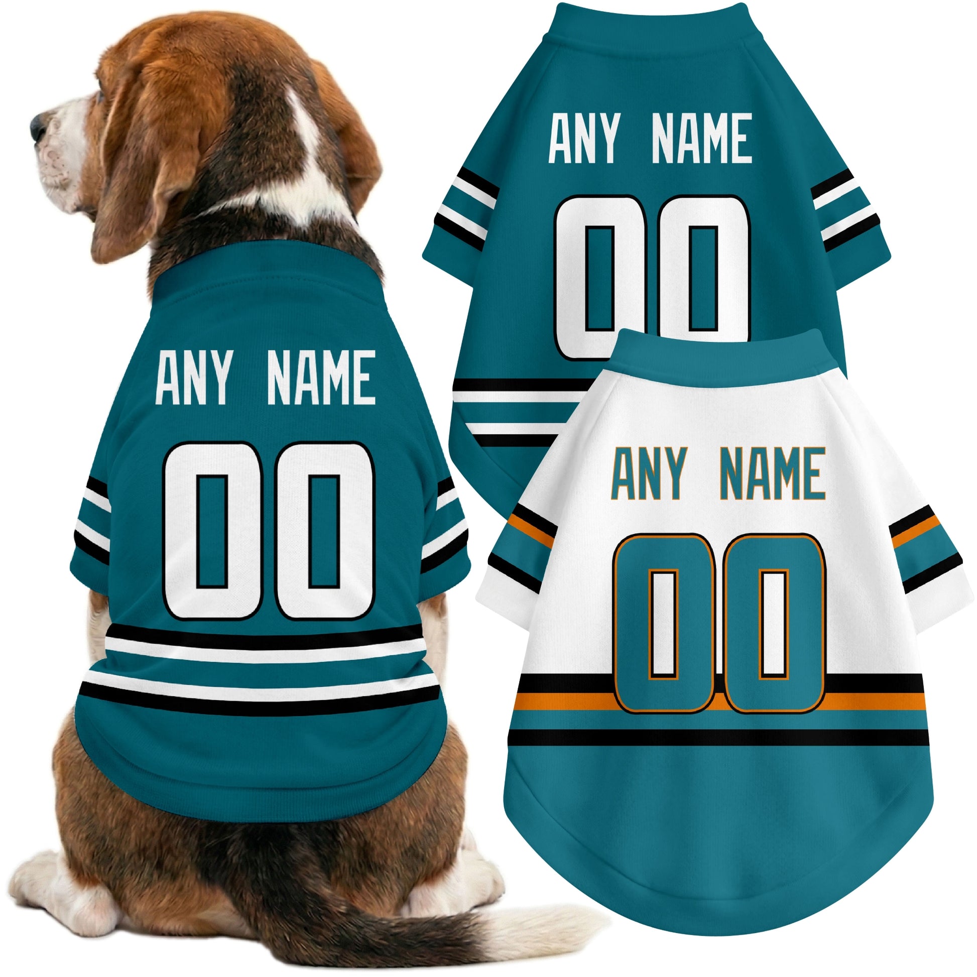 Dog wearing custom hockey-style jersey in Teal and White colors with personalized name and number