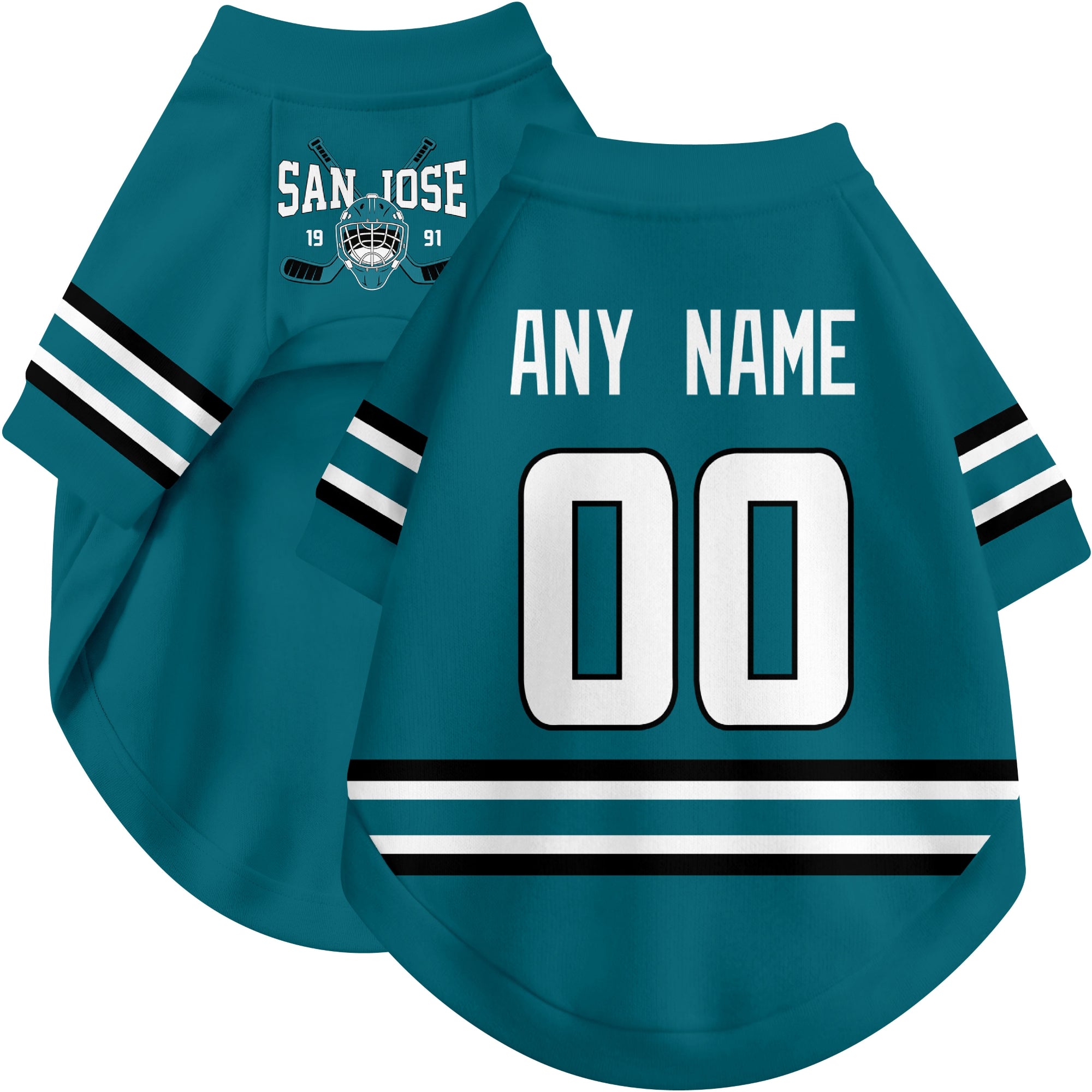 Custom hockey-style dog jersey color option 1 in Teal and White