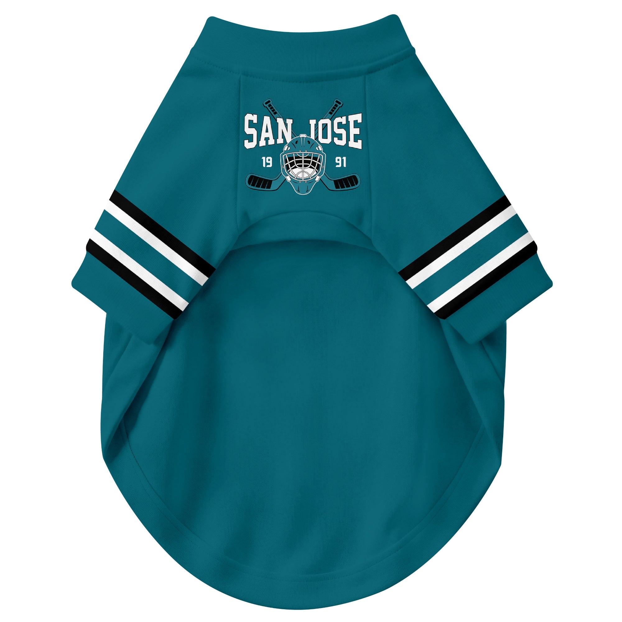 Front view of custom hockey-style dog jersey in Teal and White colors