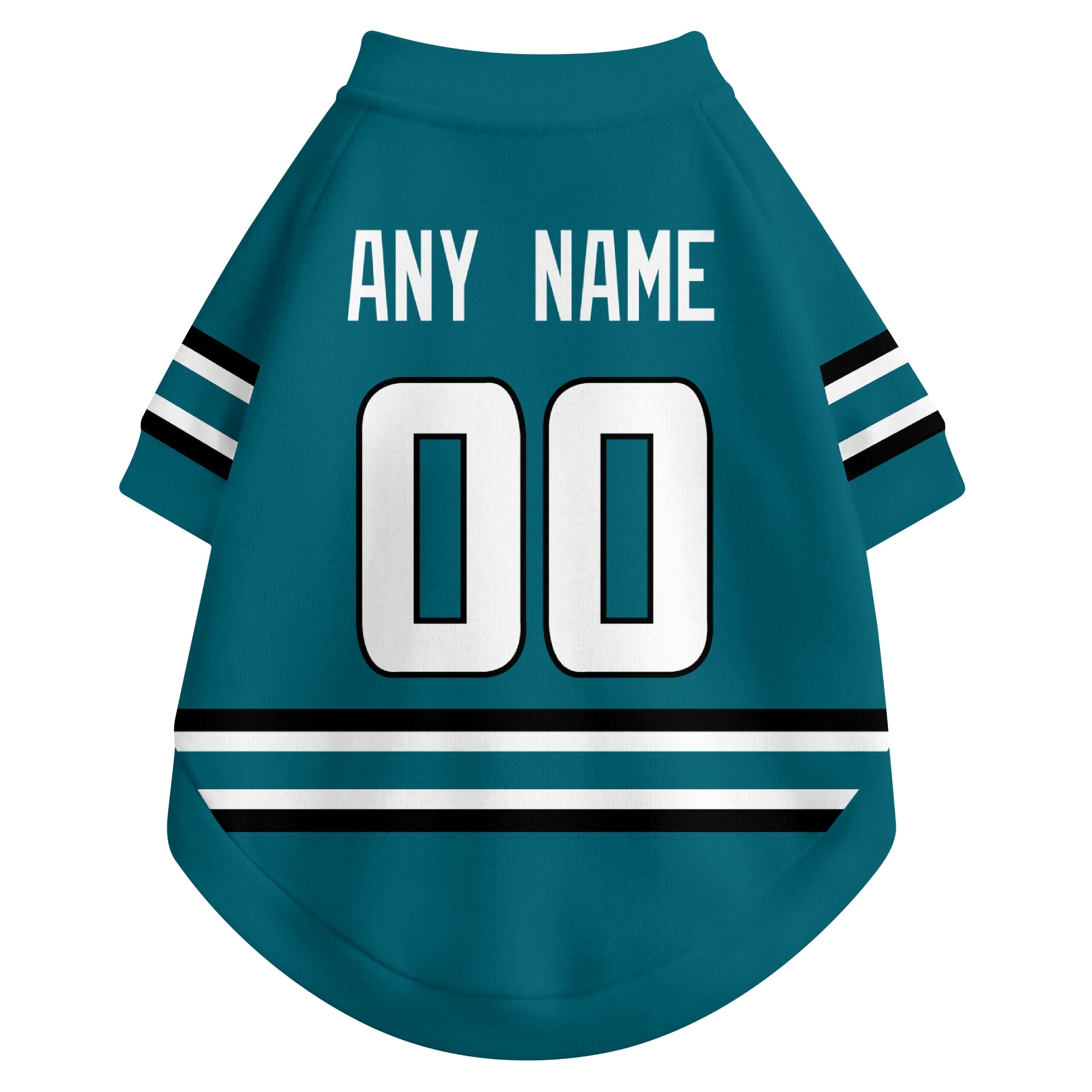Back view of custom hockey-style dog jersey in Teal and White colors with personalized name and number