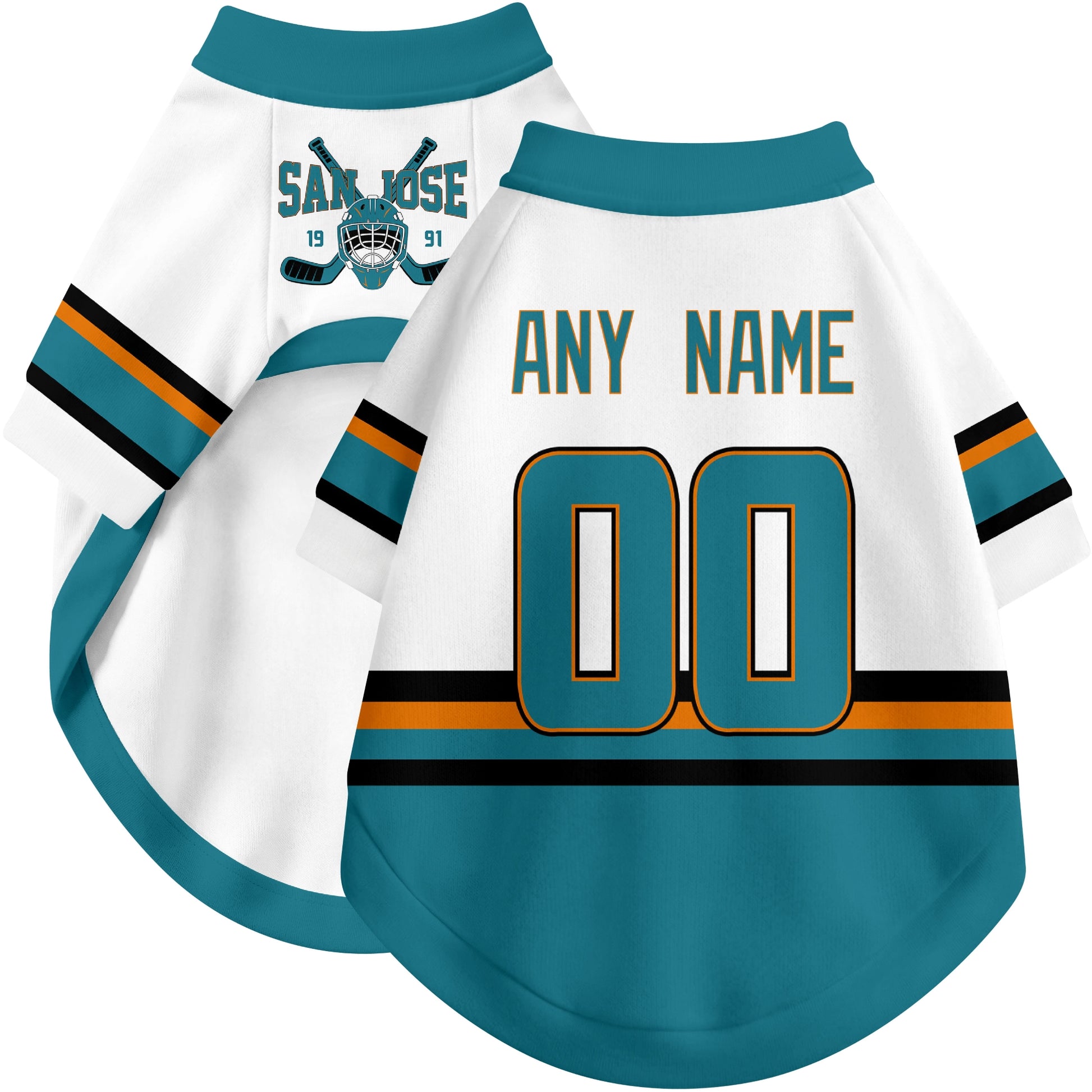 Custom hockey-style dog jersey color option 2 in White and Teal