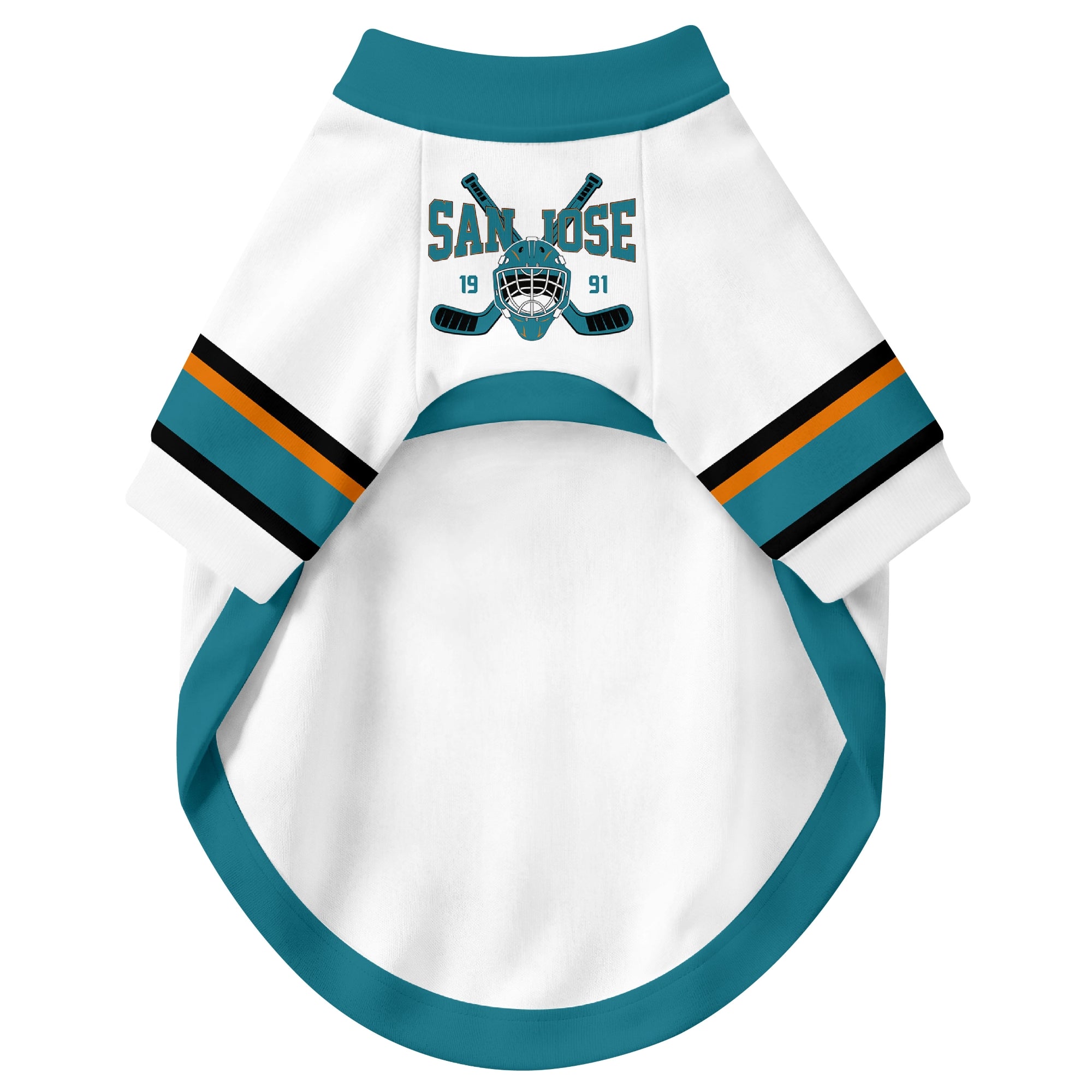 Front view of custom hockey-style dog jersey in White and Teal colors