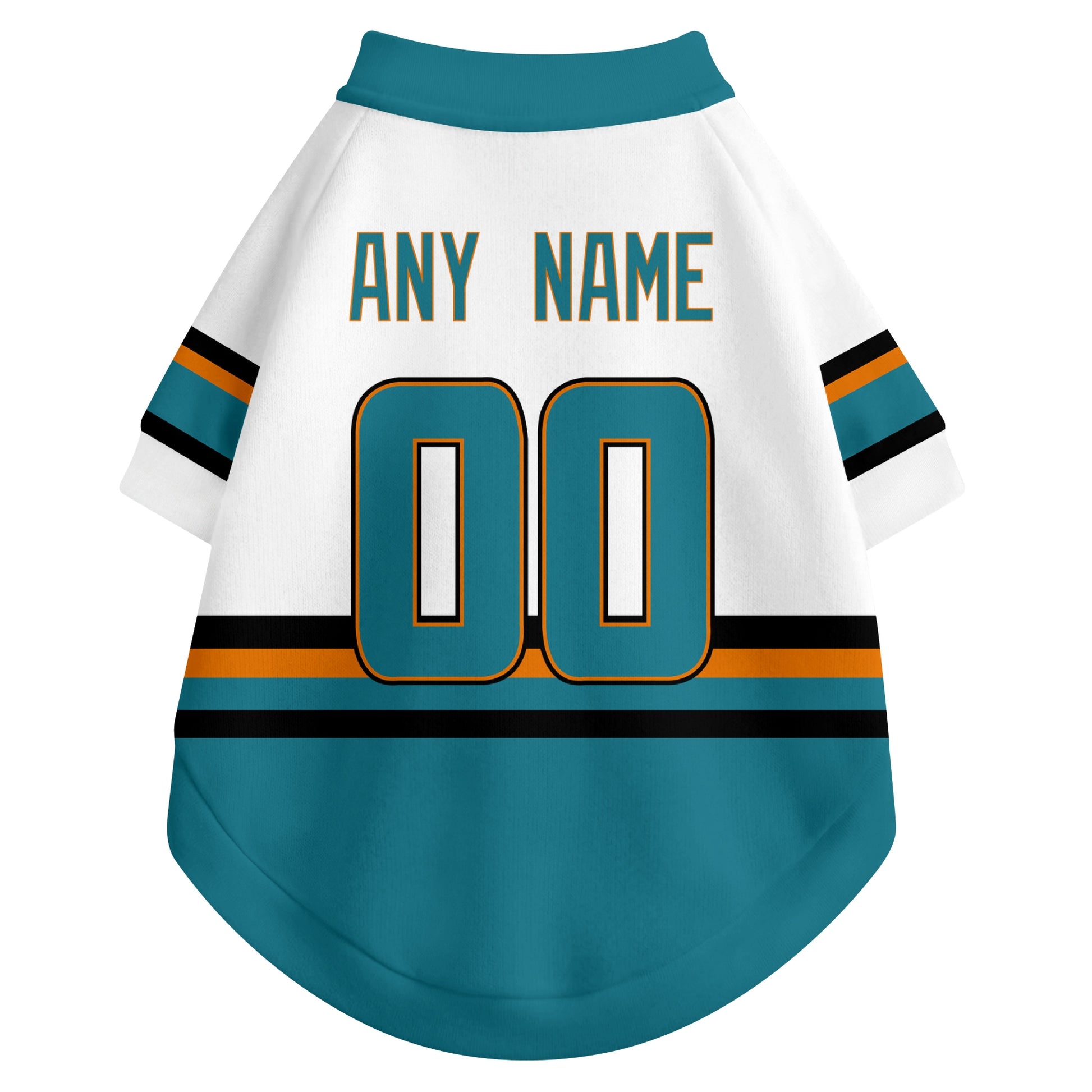 Back view of custom hockey-style dog jersey in White and Teal colors with personalized name and number