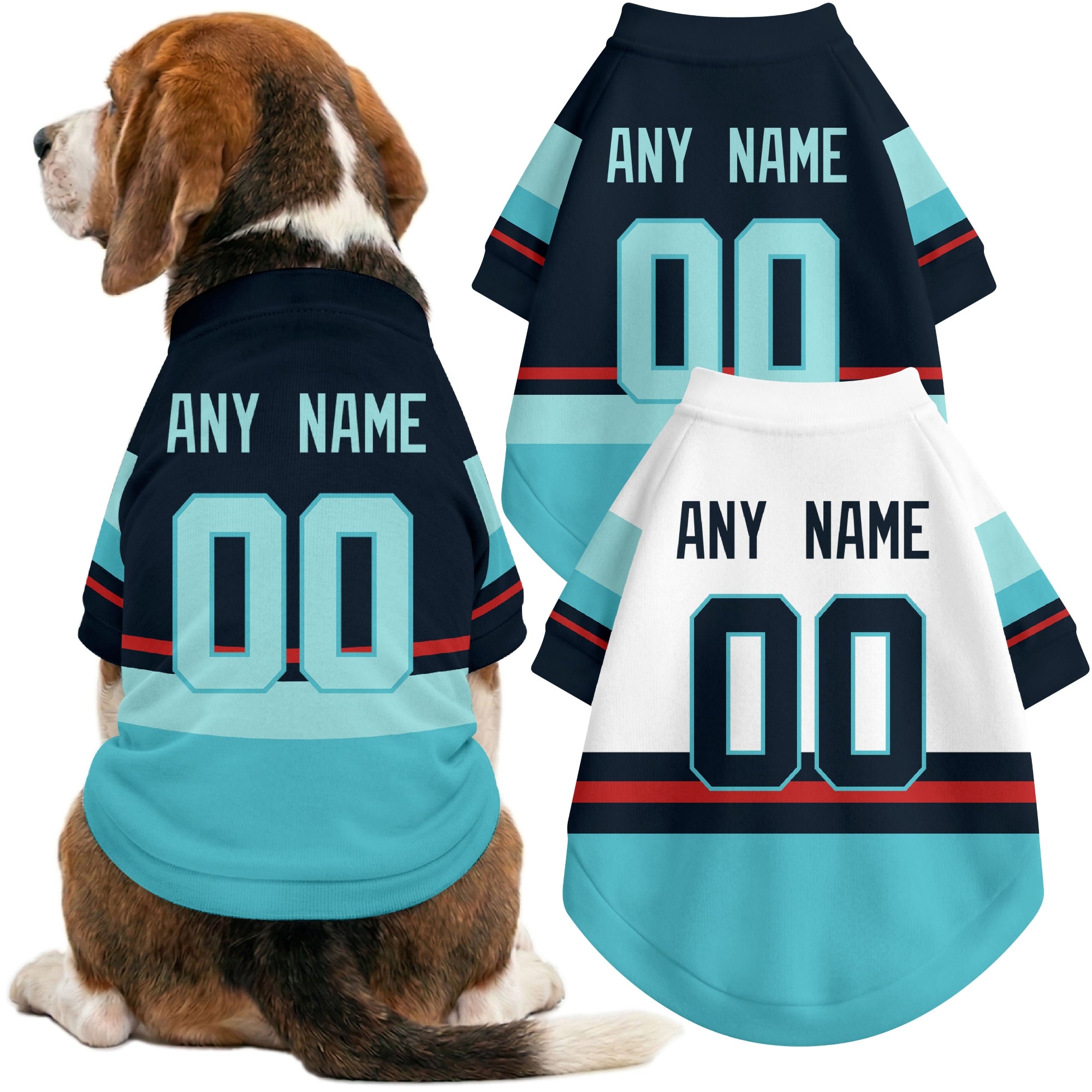 Dog wearing custom hockey-style jersey in Blue and White colors with personalized name and number