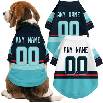 Dog wearing custom hockey-style jersey in Blue and White colors with personalized name and number