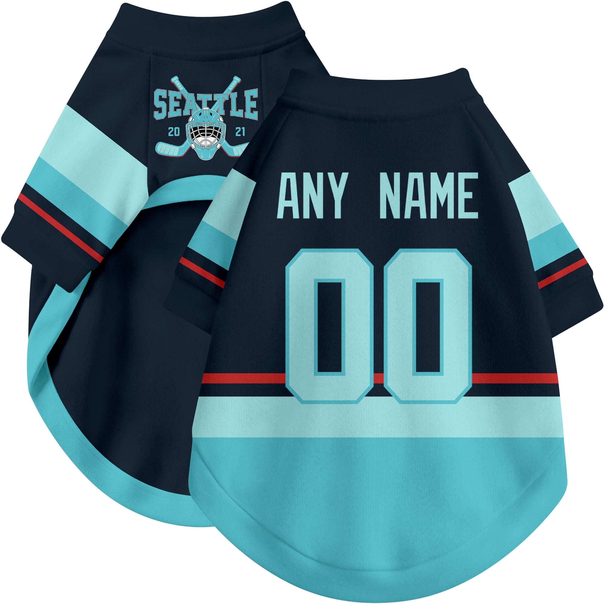 Custom hockey-style dog jersey color option 1 in Blue and White