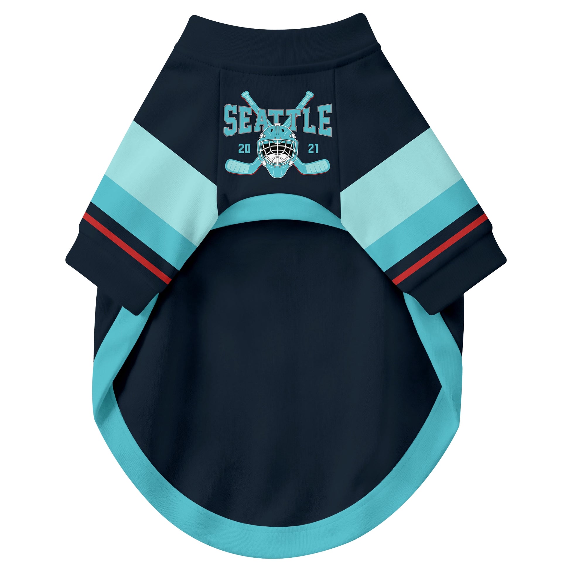 Front view of custom hockey-style dog jersey in Blue and White colors
