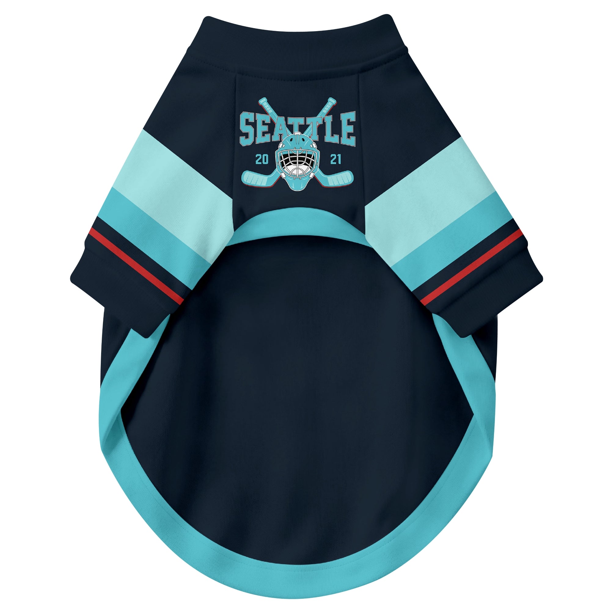 Front view of custom hockey-style dog jersey in Blue and White colors