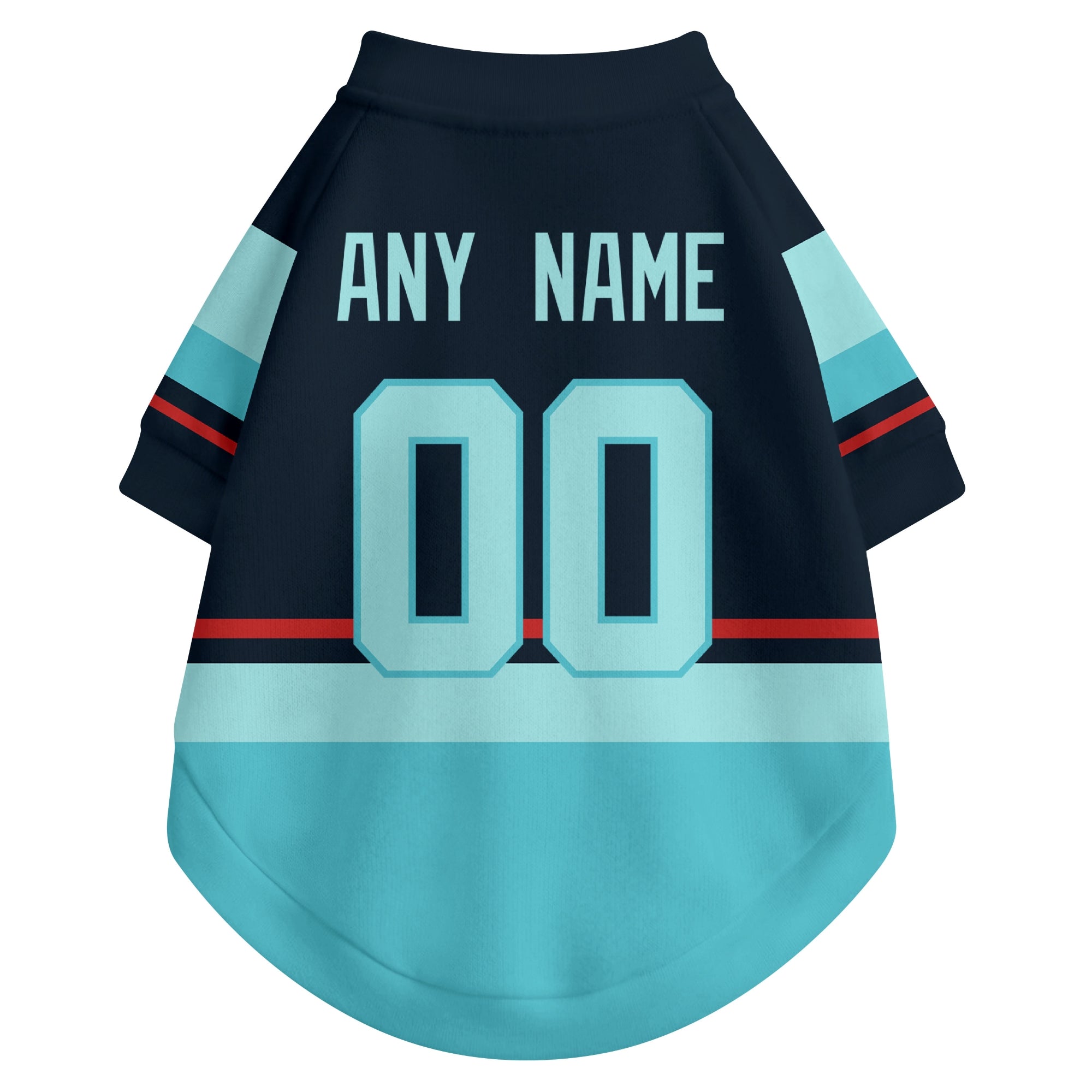 Back view of custom hockey-style dog jersey in Blue and White colors with personalized name and number