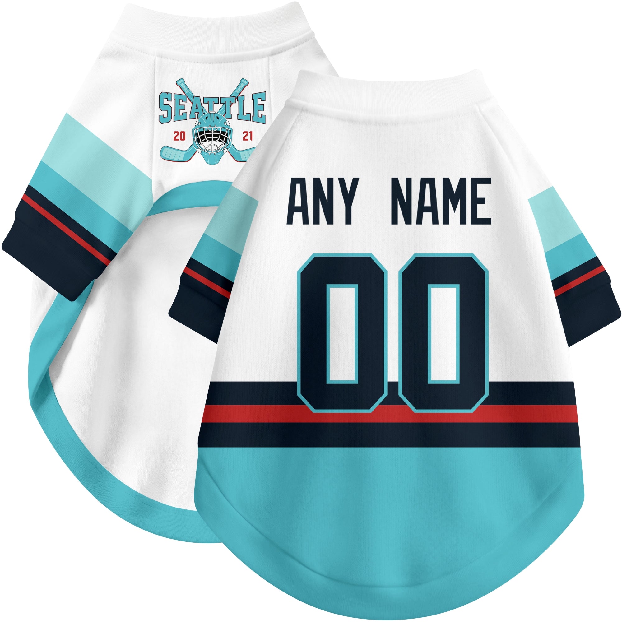 Custom hockey-style dog jersey color option 2 in White and Blue