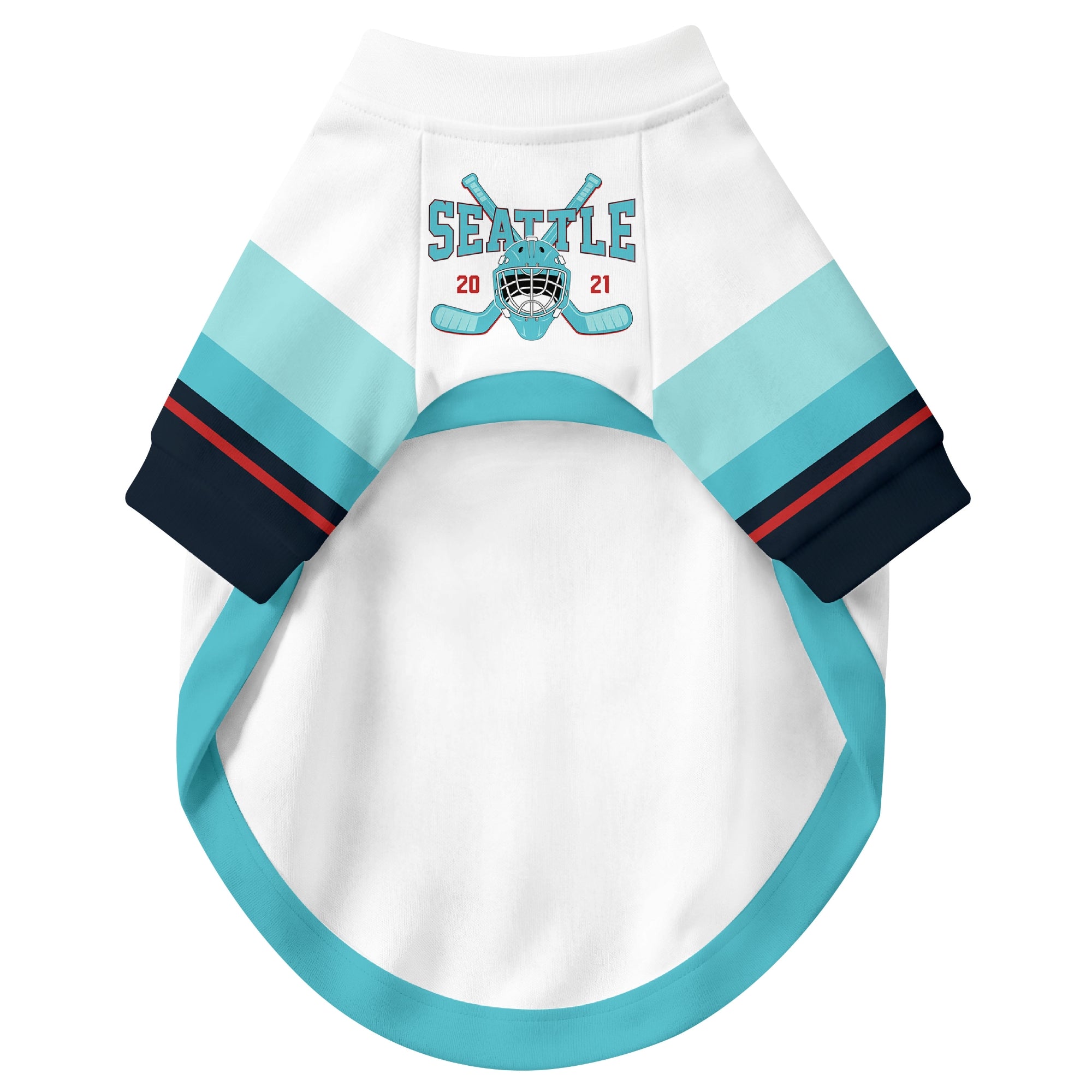 Front view of custom hockey-style dog jersey in White and Blue colors