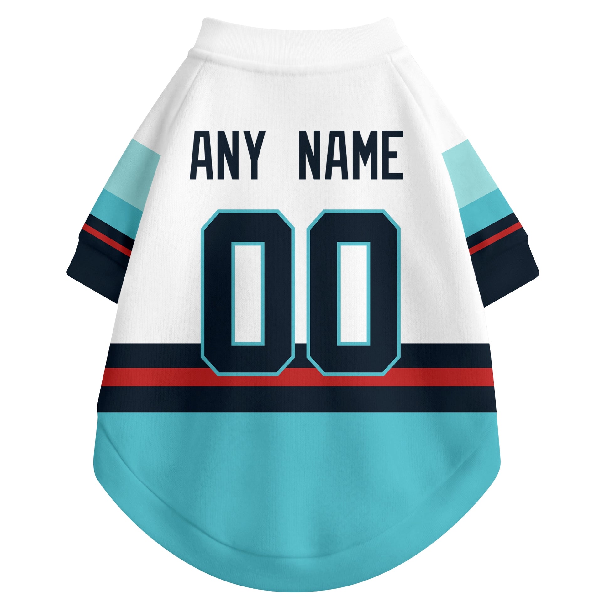 Back view of custom hockey-style dog jersey in White and Blue colors with personalized name and number