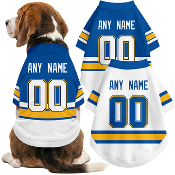 Dog wearing custom hockey-style jersey in Blue and White colors with personalized name and number