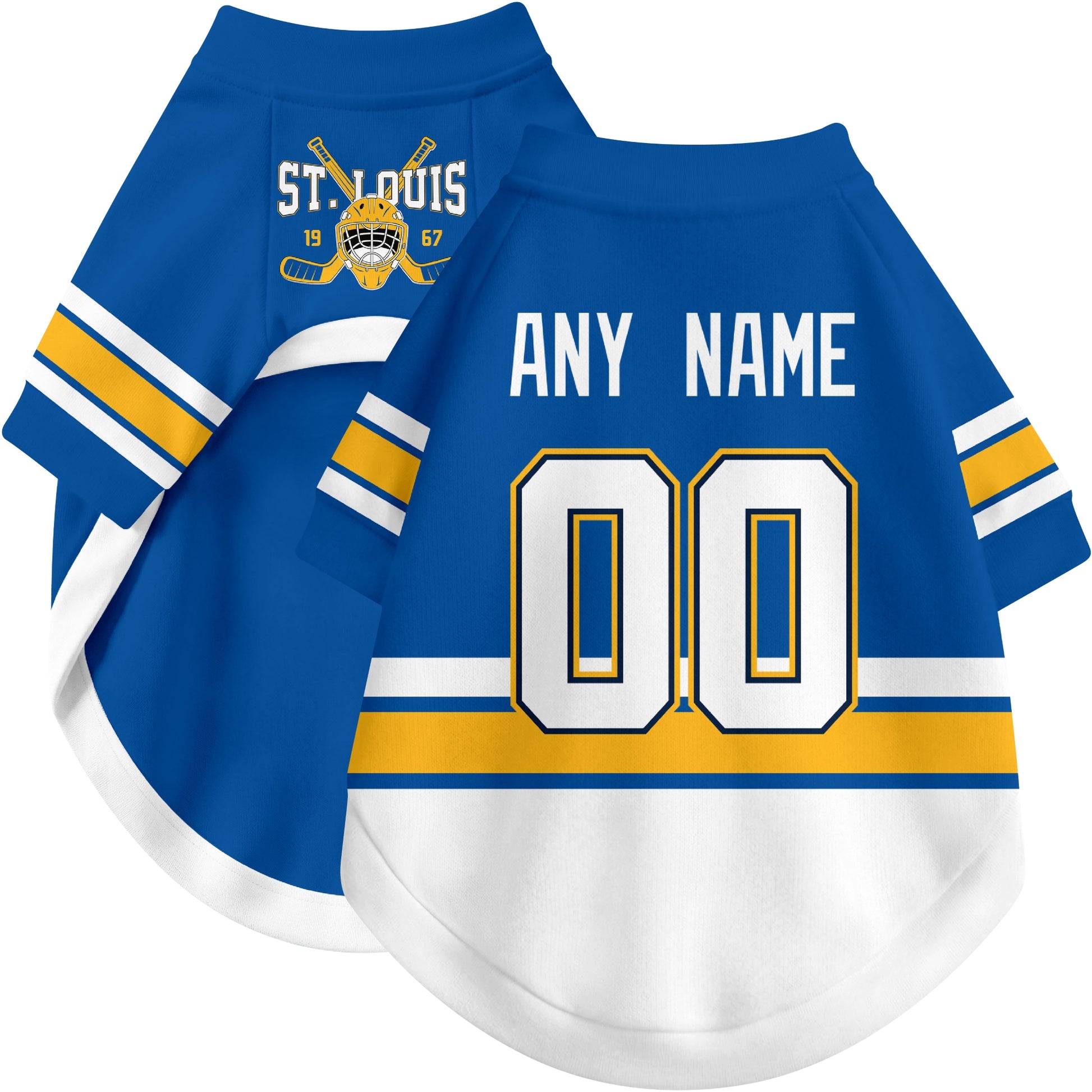 Custom hockey-style dog jersey color option 1 in Blue and White