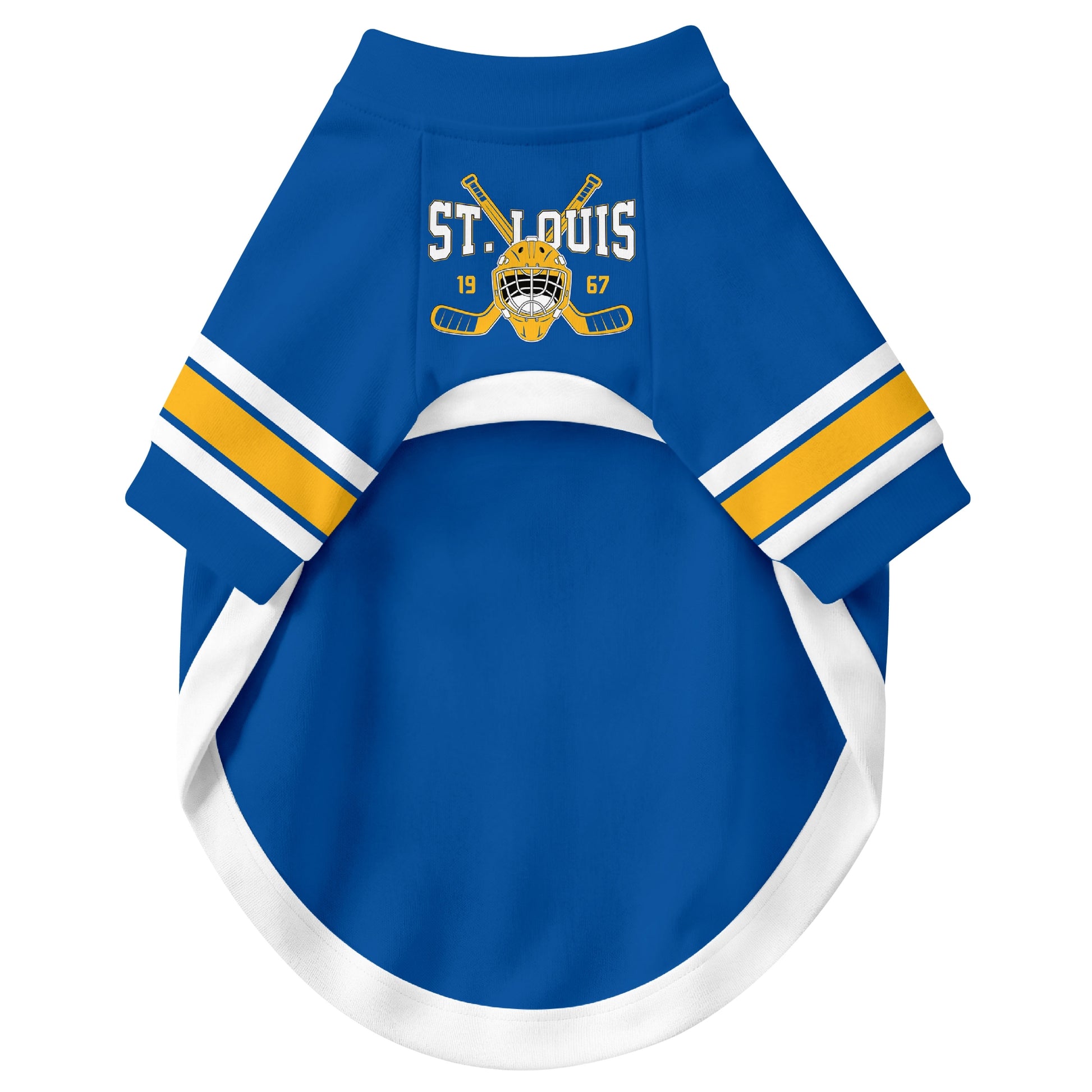 Front view of custom hockey-style dog jersey in Blue and White colors