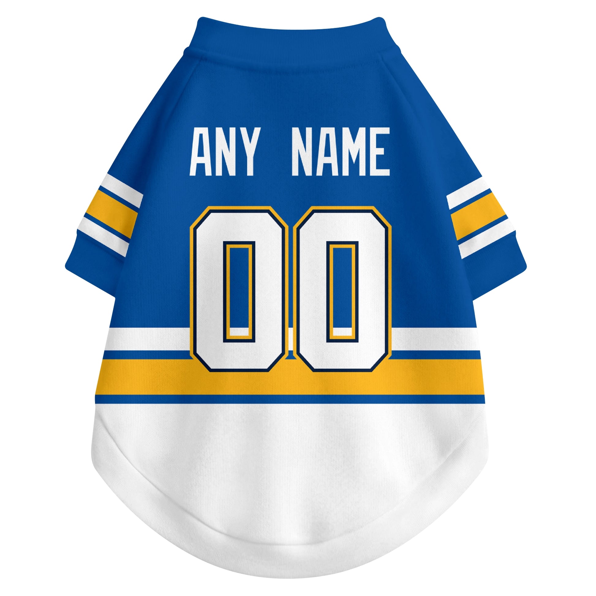 Back view of custom hockey-style dog jersey in Blue and White colors with personalized name and number