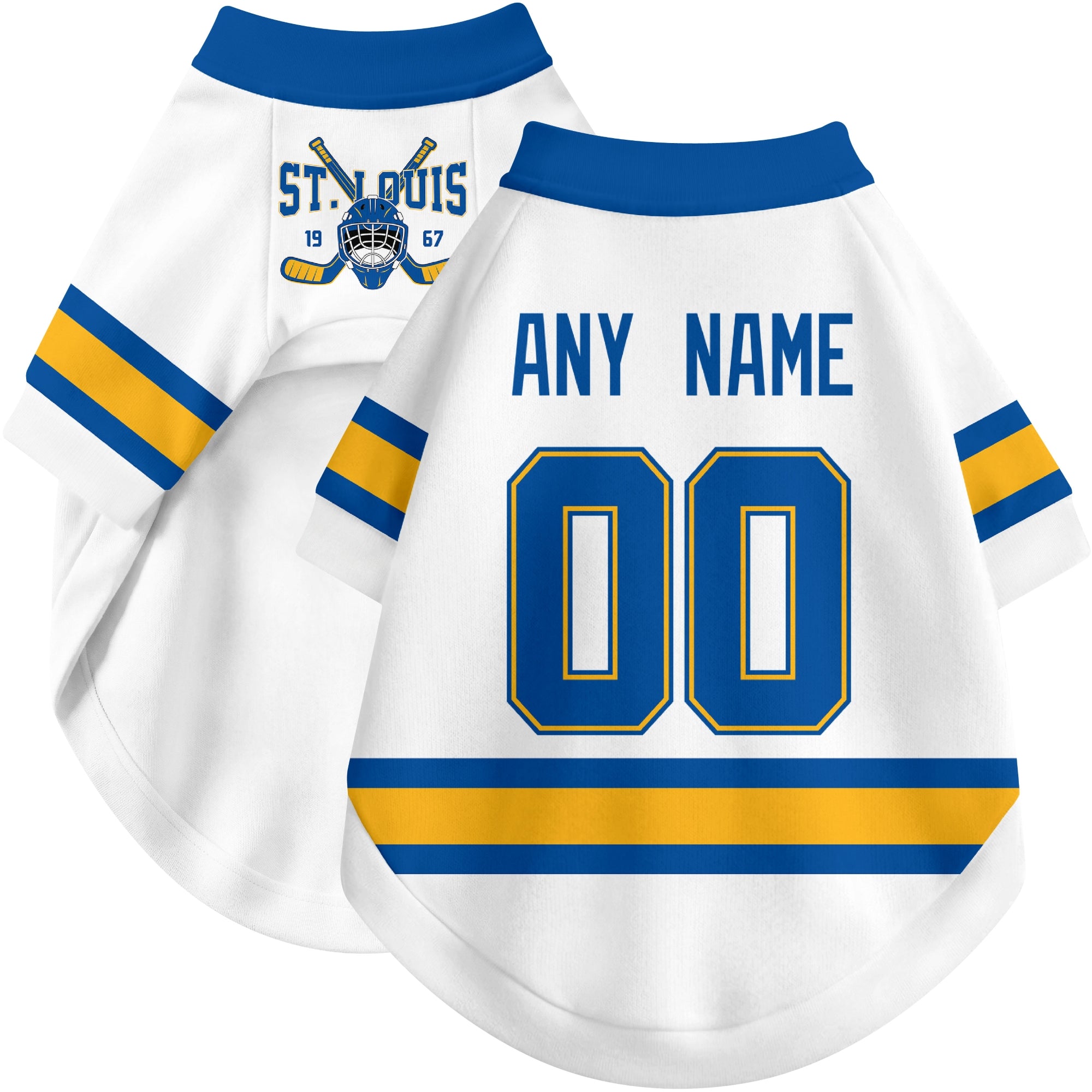 Custom hockey-style dog jersey color option 2 in White and Blue