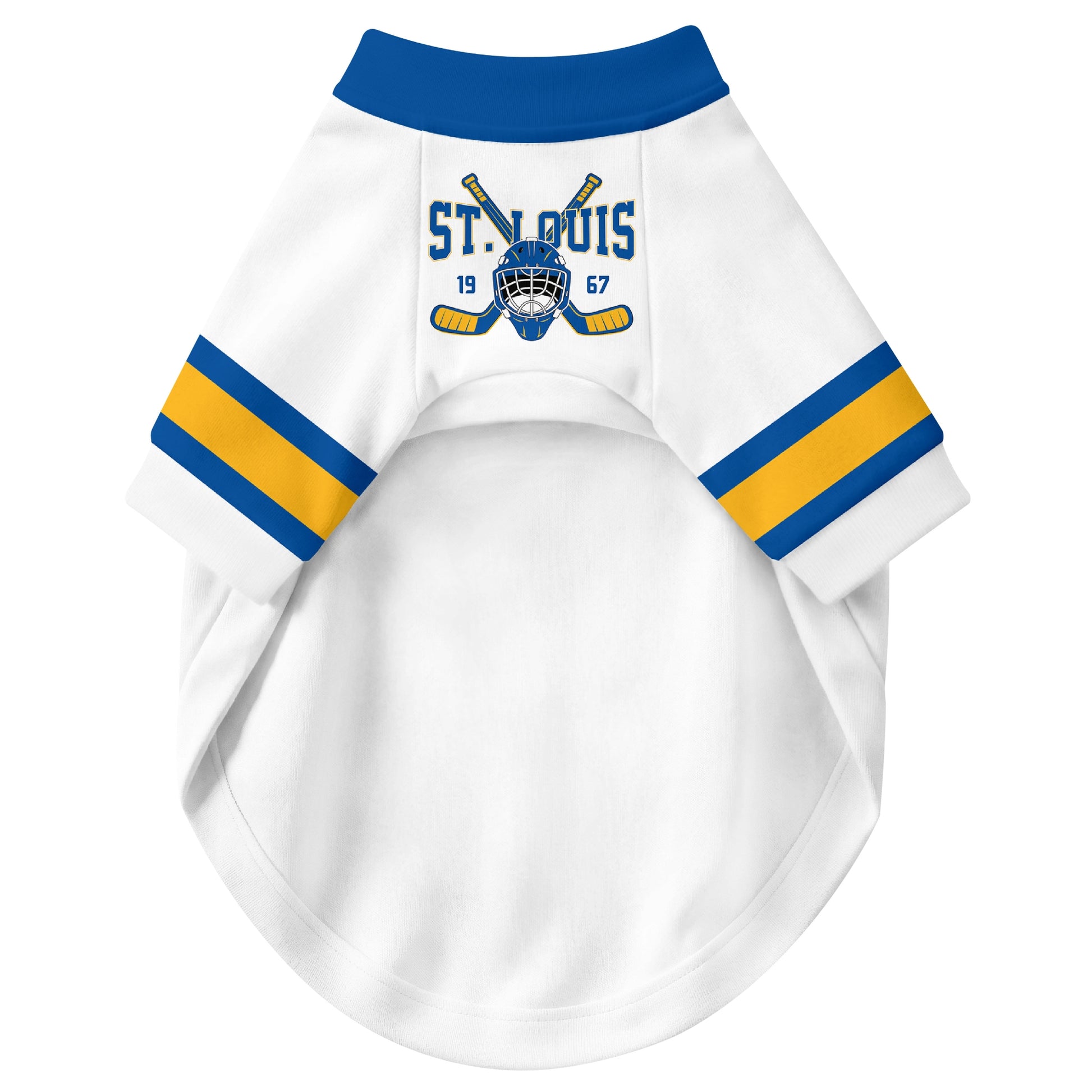 Front view of custom hockey-style dog jersey in White and Blue colors