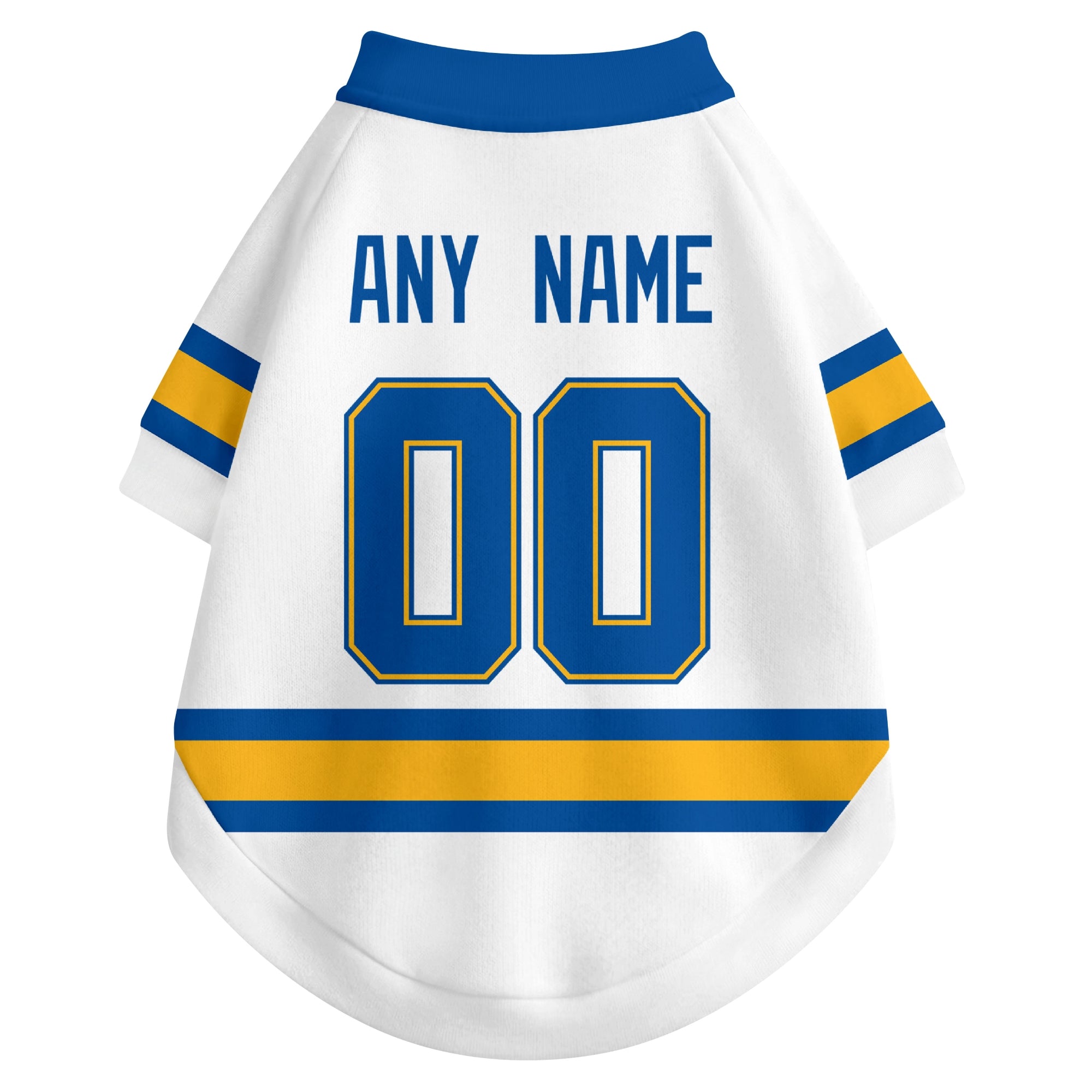 Back view of custom hockey-style dog jersey in White and Blue colors with personalized name and number