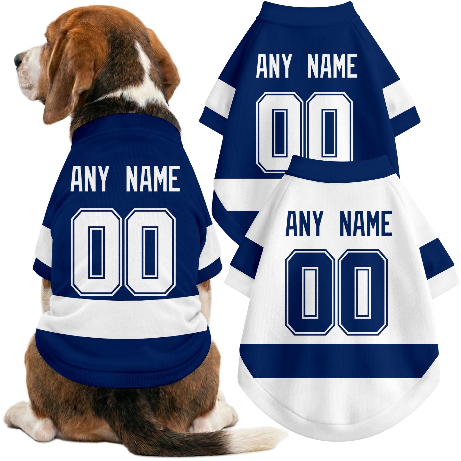 Dog wearing custom hockey-style jersey in Blue and White colors with personalized name and number