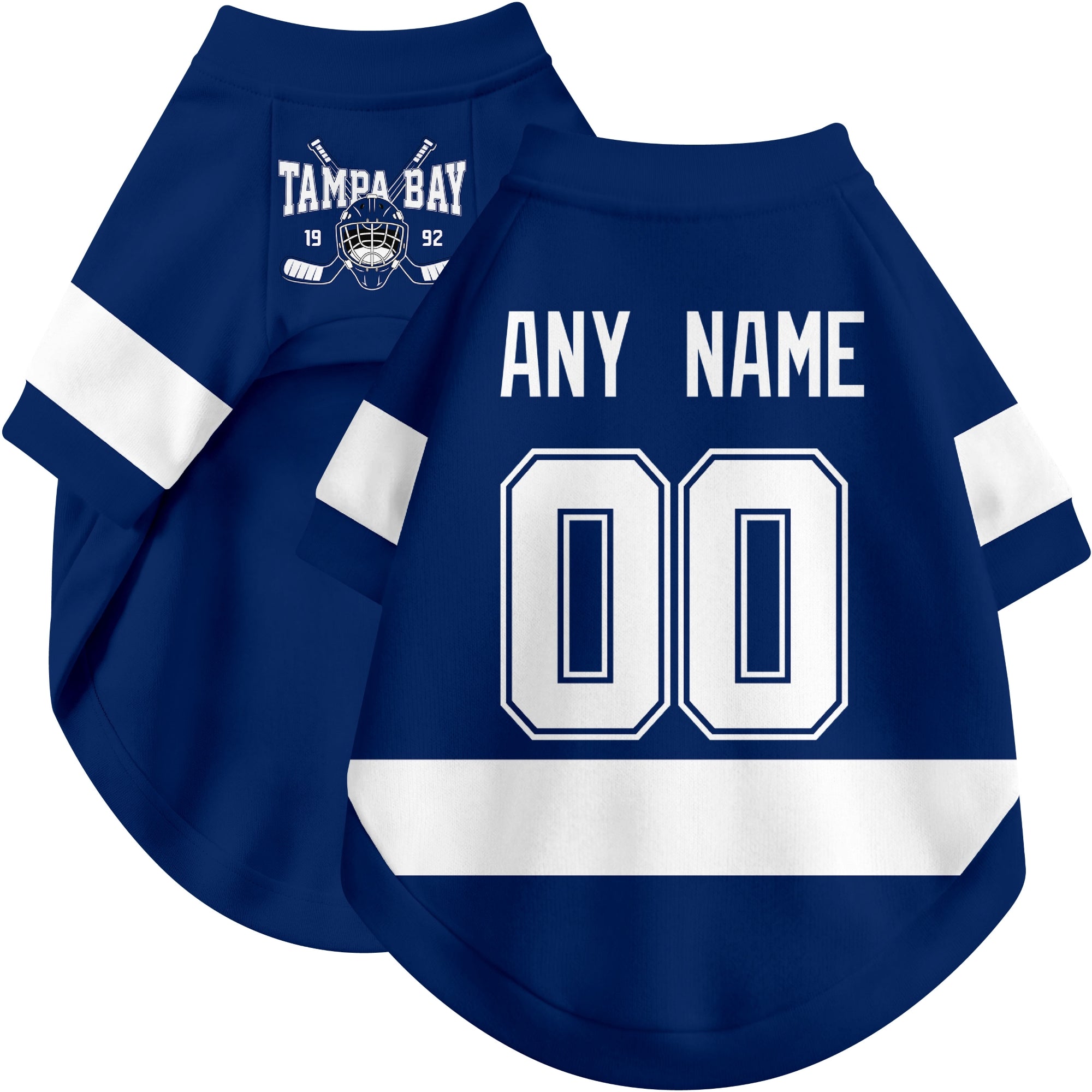 Custom hockey-style dog jersey color option 1 in Blue and White