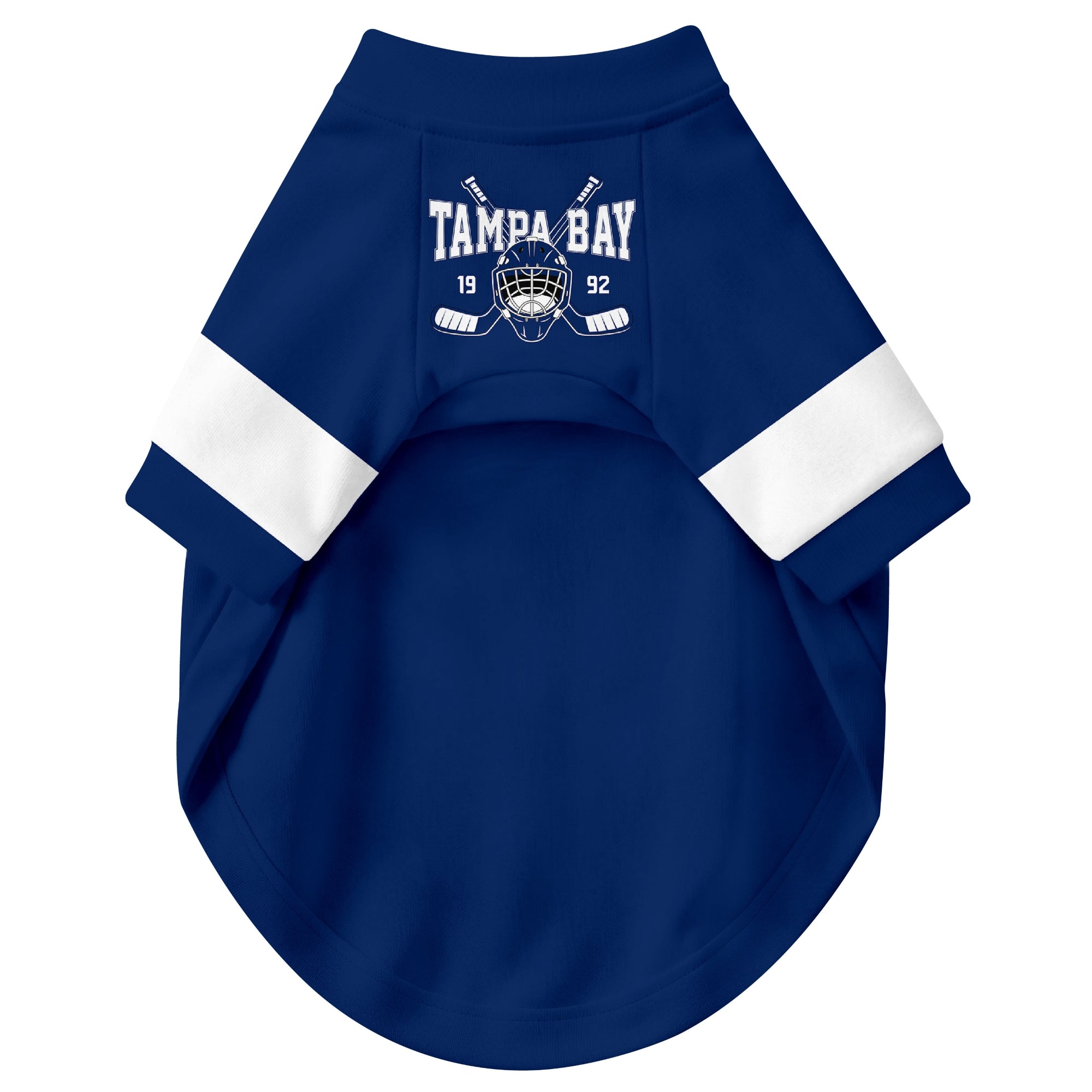 Front view of custom hockey-style dog jersey in Blue and White colors