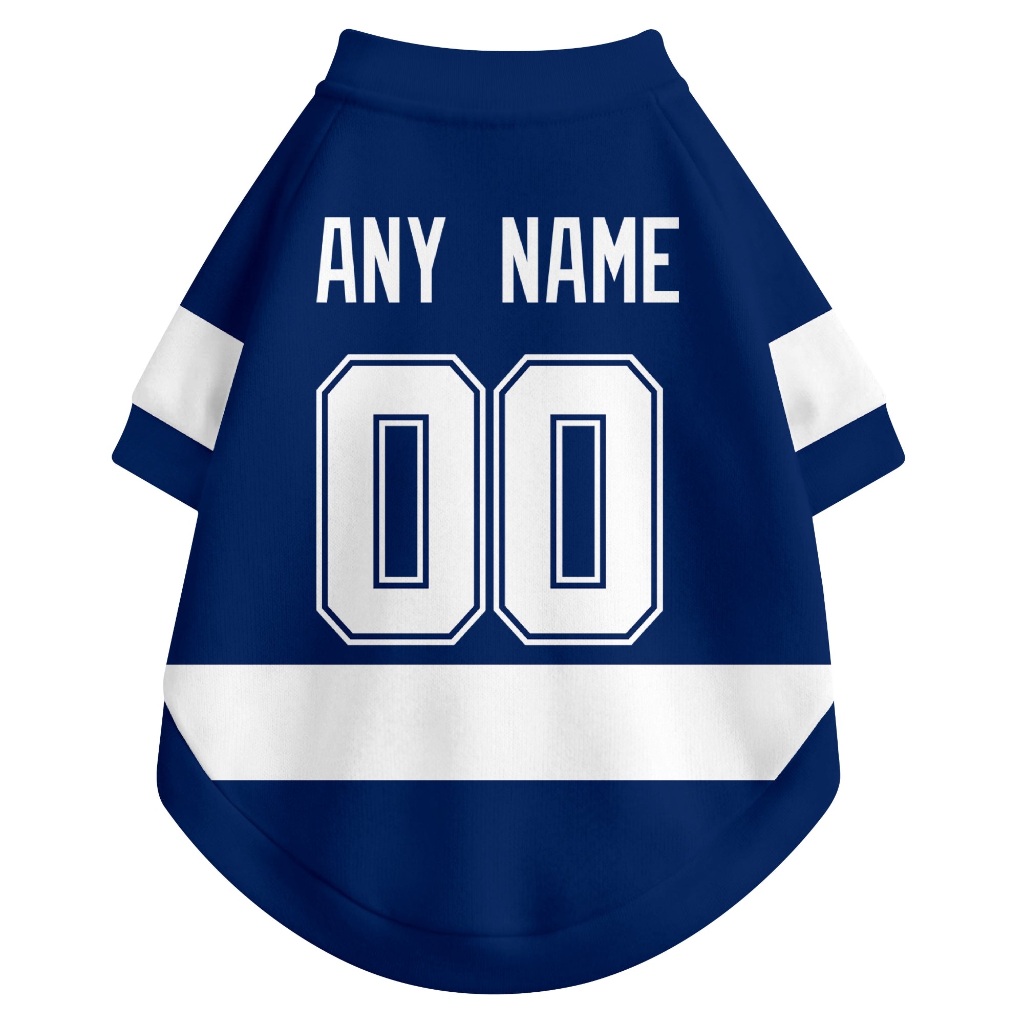 Back view of custom hockey-style dog jersey in Blue and White colors with personalized name and number