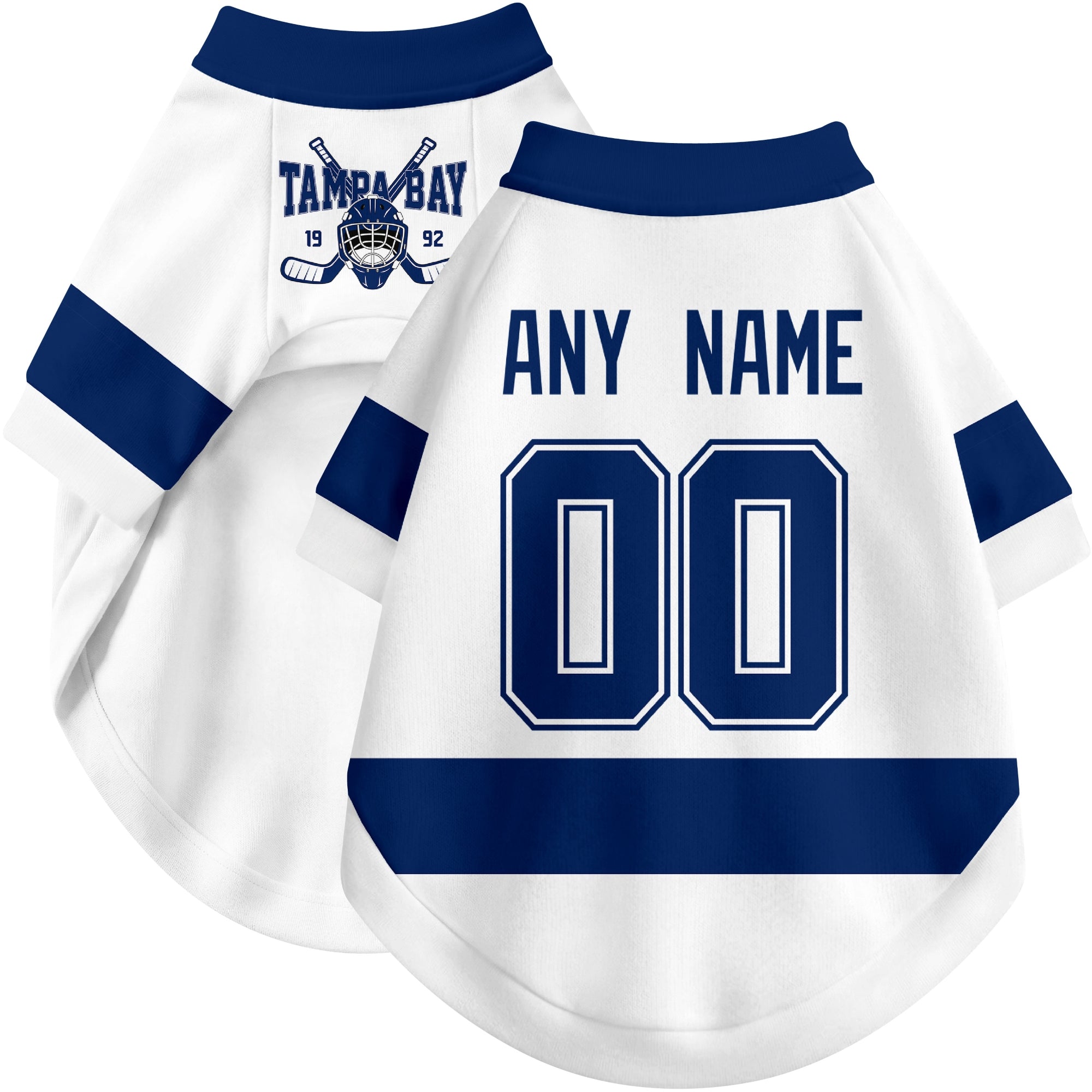 Custom hockey-style dog jersey color option 2 in White and Blue