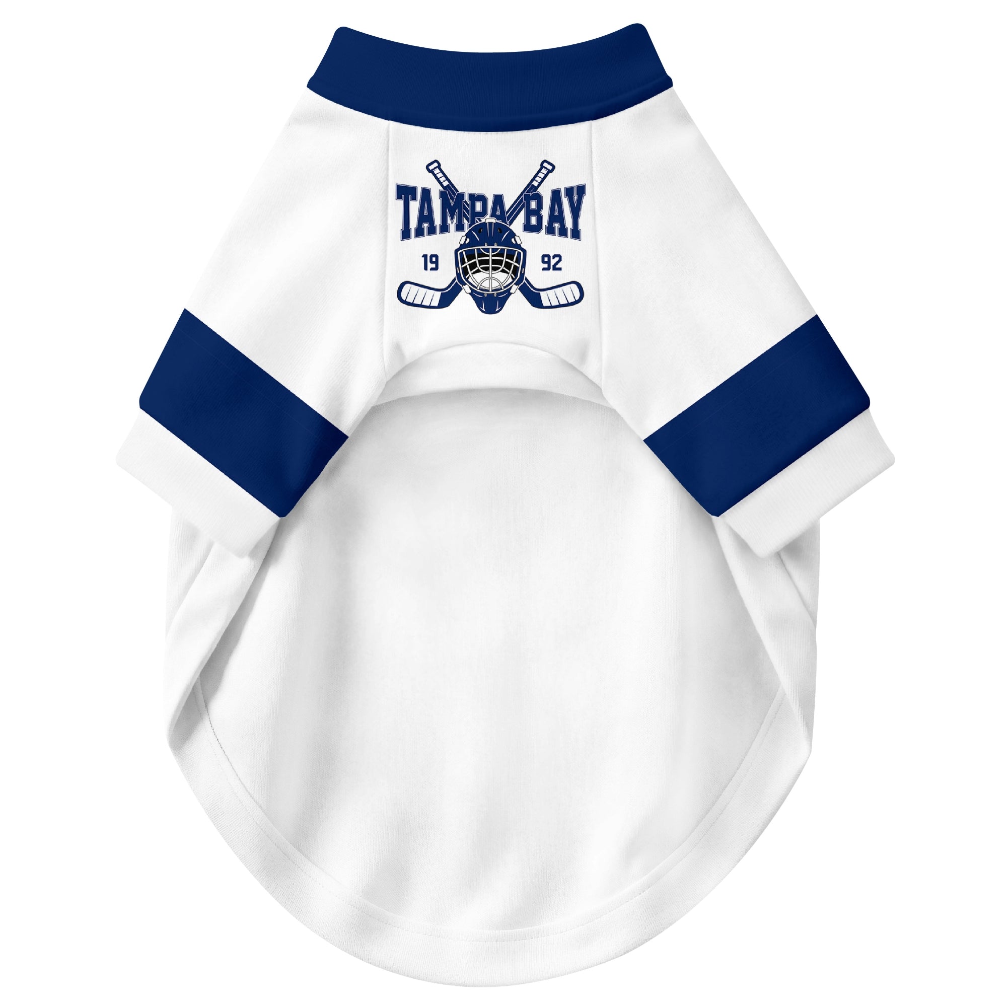 Front view of custom hockey-style dog jersey in White and Blue colors