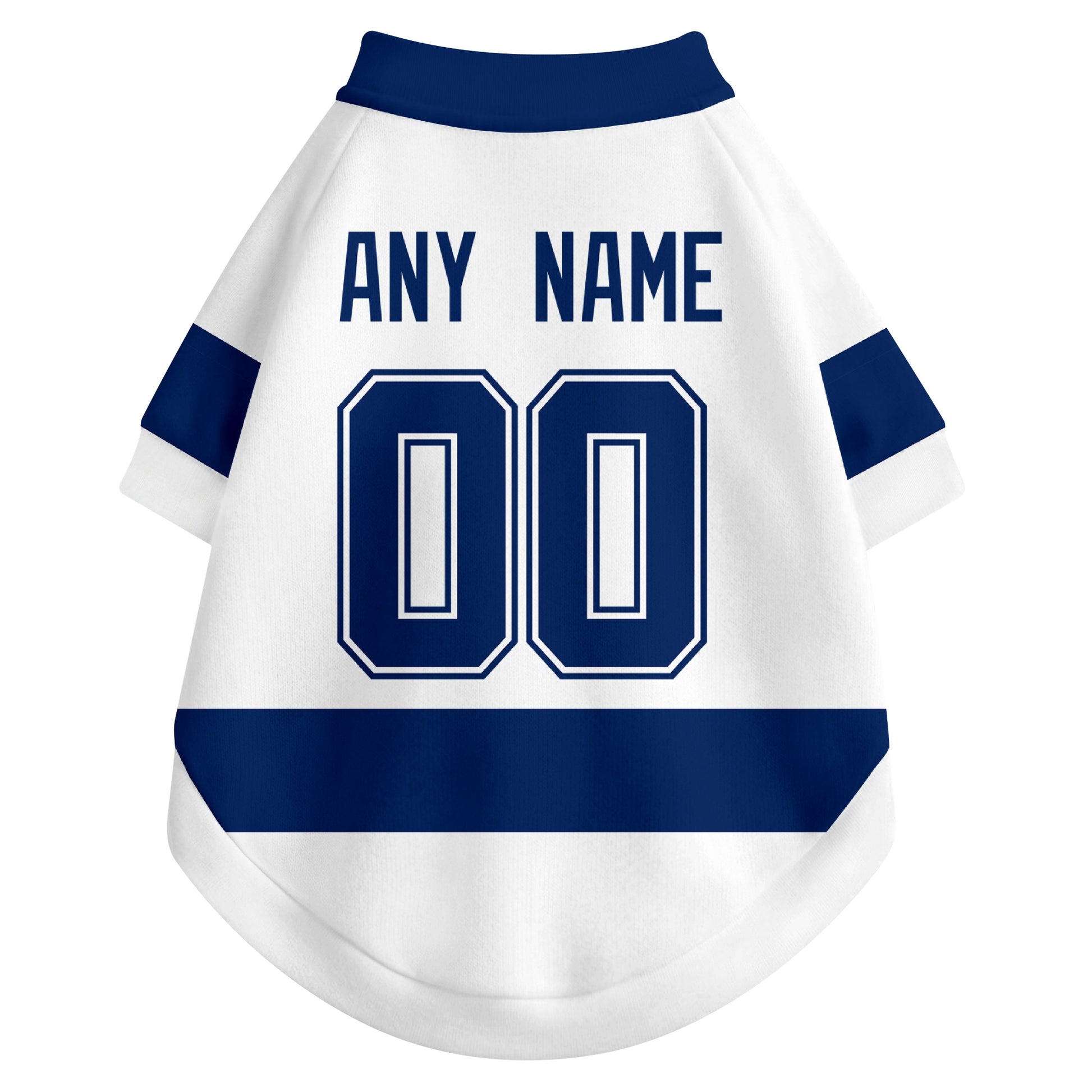 Back view of custom hockey-style dog jersey in White and Blue colors with personalized name and number