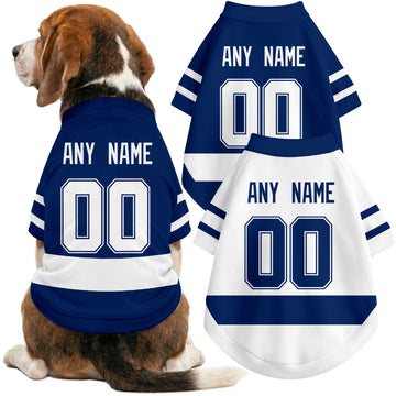 Dog wearing custom hockey-style jersey in Blue and White colors with personalized name and number