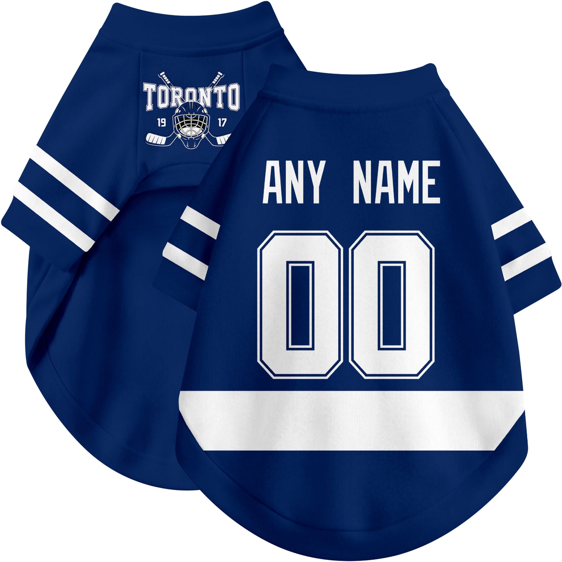 Dog wearing custom hockey-style jersey in Blue and White colors with personalized name and number