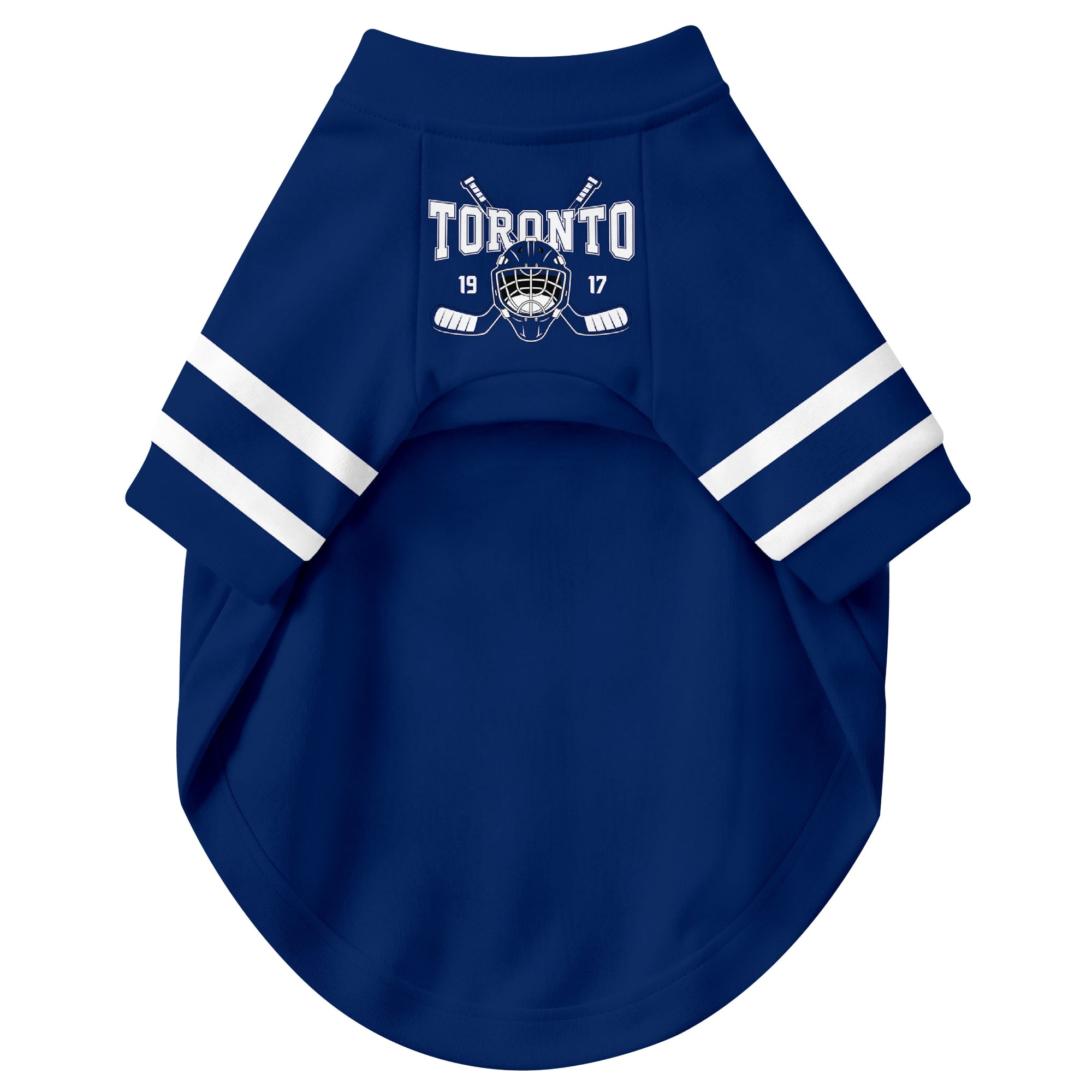 Front view of custom hockey-style dog jersey in Blue and White colors