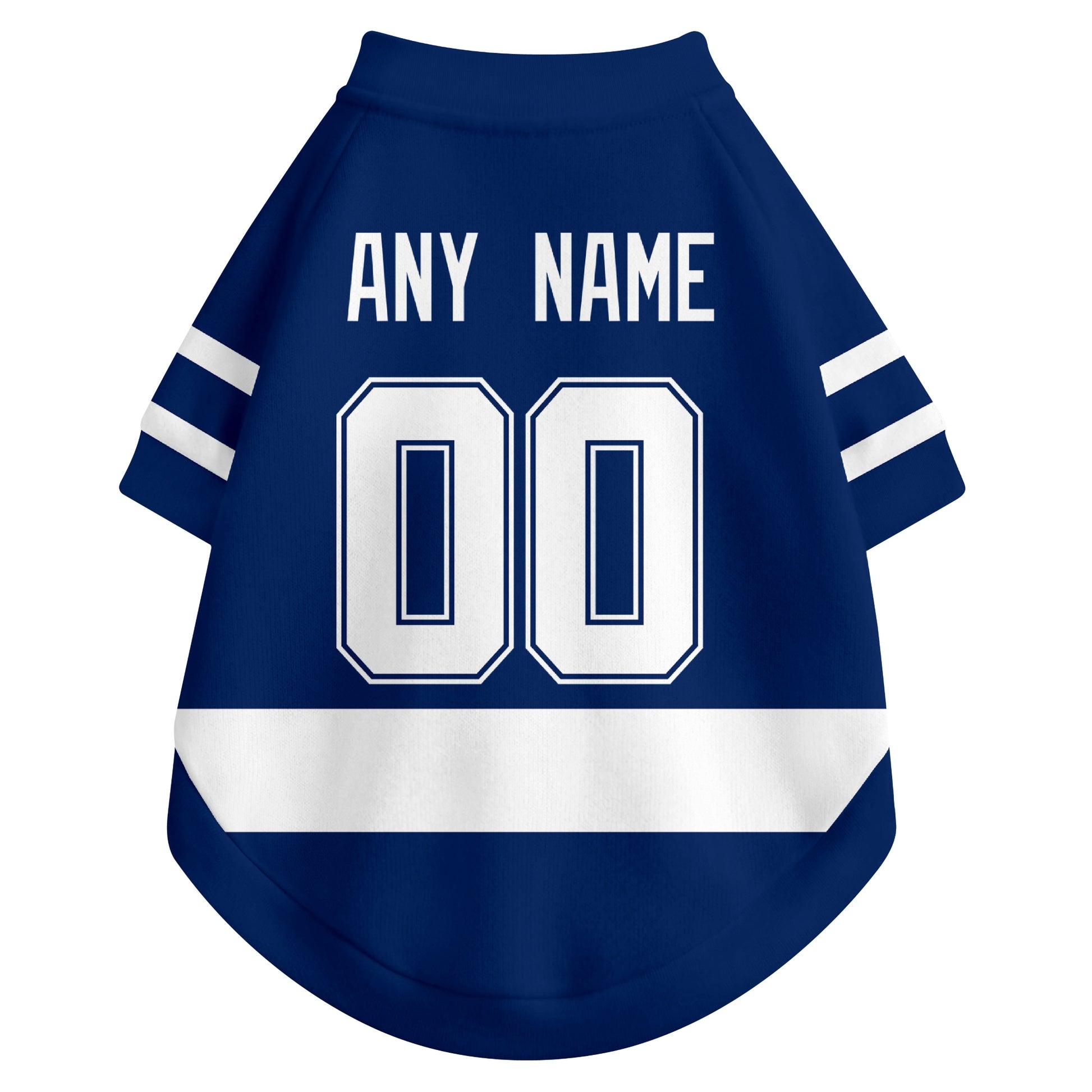 Back view of custom hockey-style dog jersey in Blue and White colors with personalized name and number