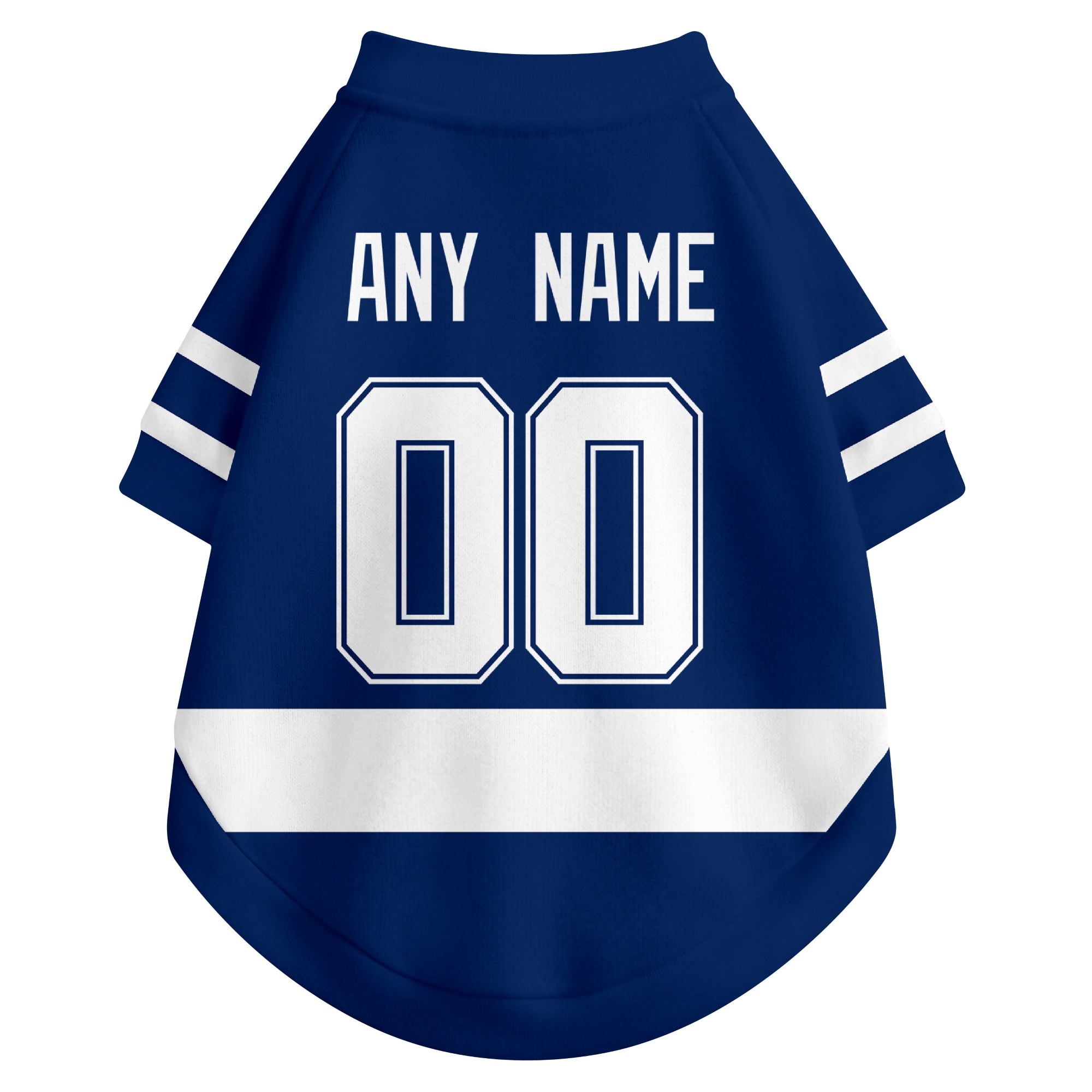 Back view of custom hockey-style dog jersey in Blue and White colors with personalized name and number