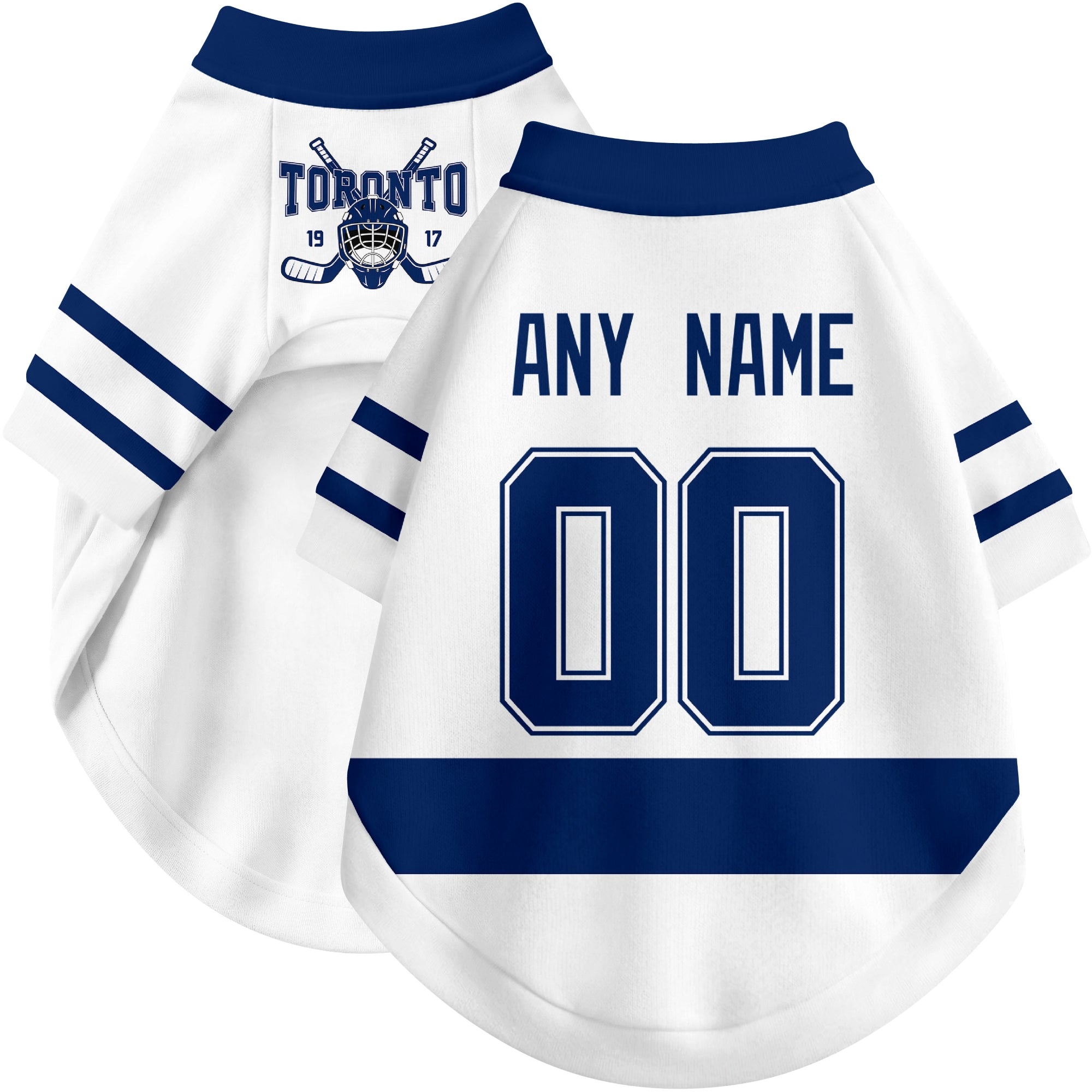 Custom hockey-style dog jersey color option 2 in White and Blue