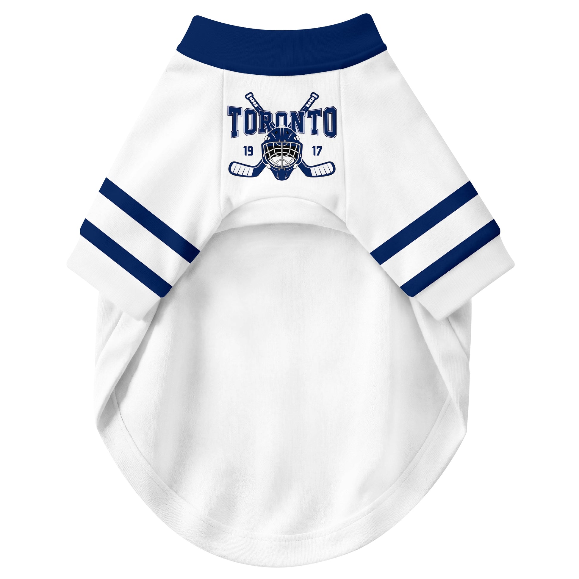 Front view of custom hockey-style dog jersey in White and Blue colors
