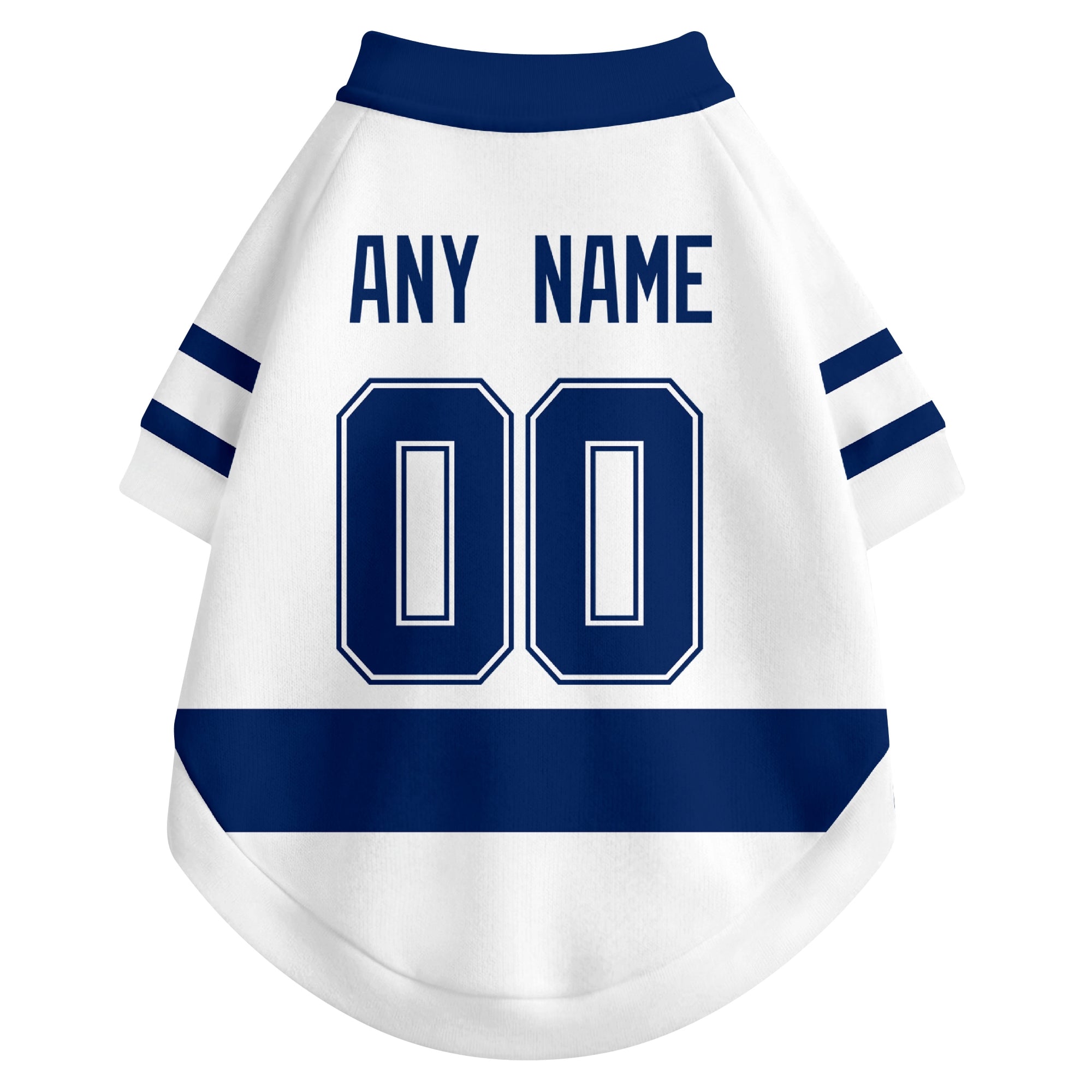 Back view of custom hockey-style dog jersey in White and Blue colors with personalized name and number