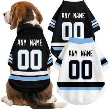 Dog wearing custom hockey-style jersey in Black and White colors with personalized name and number