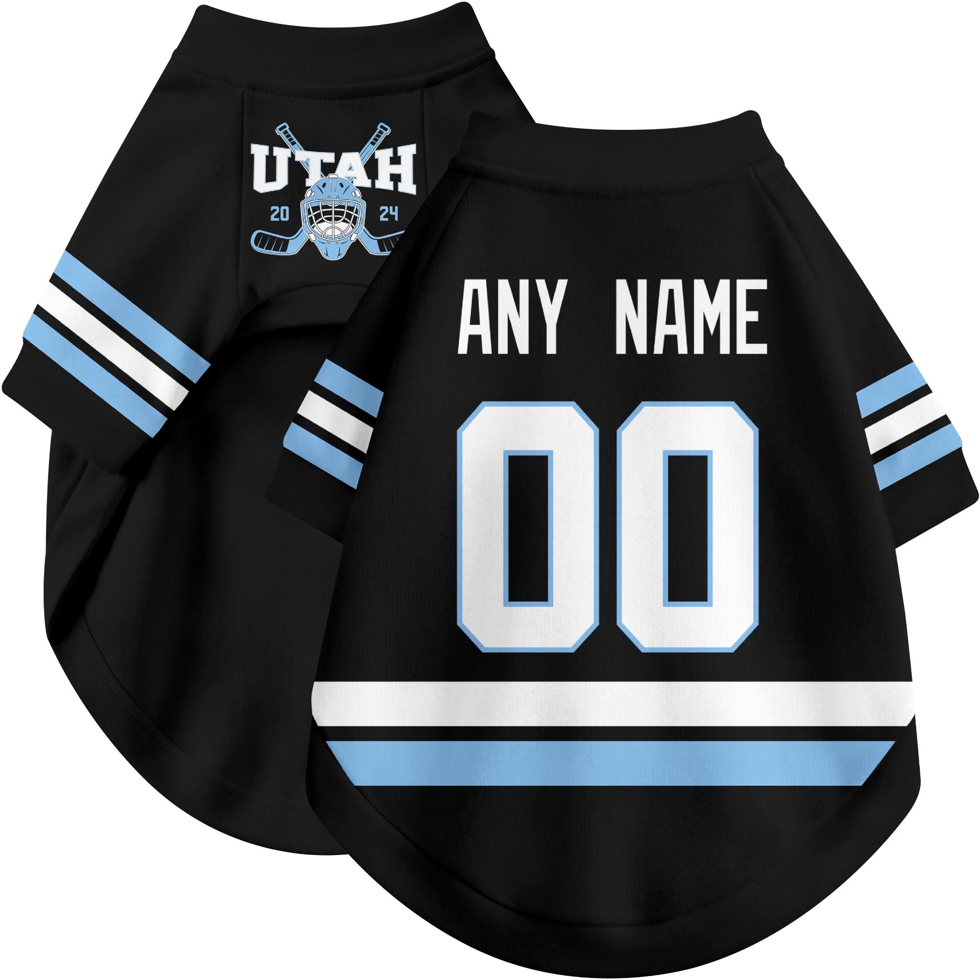 Custom hockey-style dog jersey color option 1 in Black and White