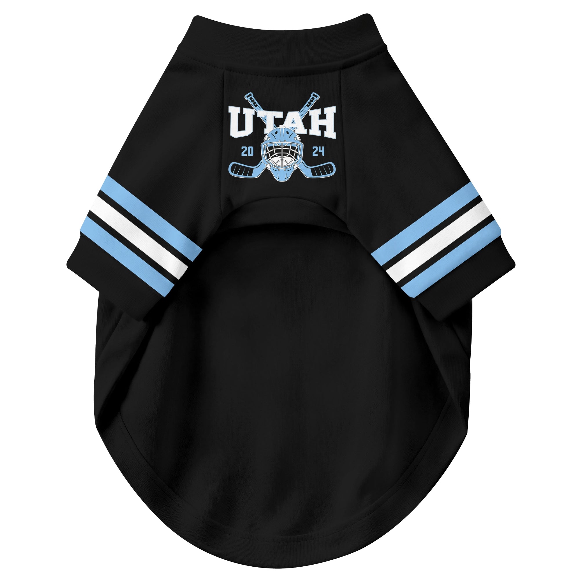 Front view of custom hockey-style dog jersey in Black and White colors