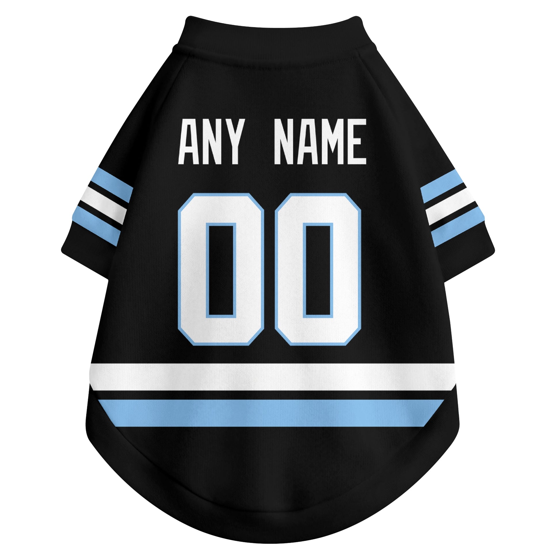 Back view of custom hockey-style dog jersey in Black and White colors with personalized name and number