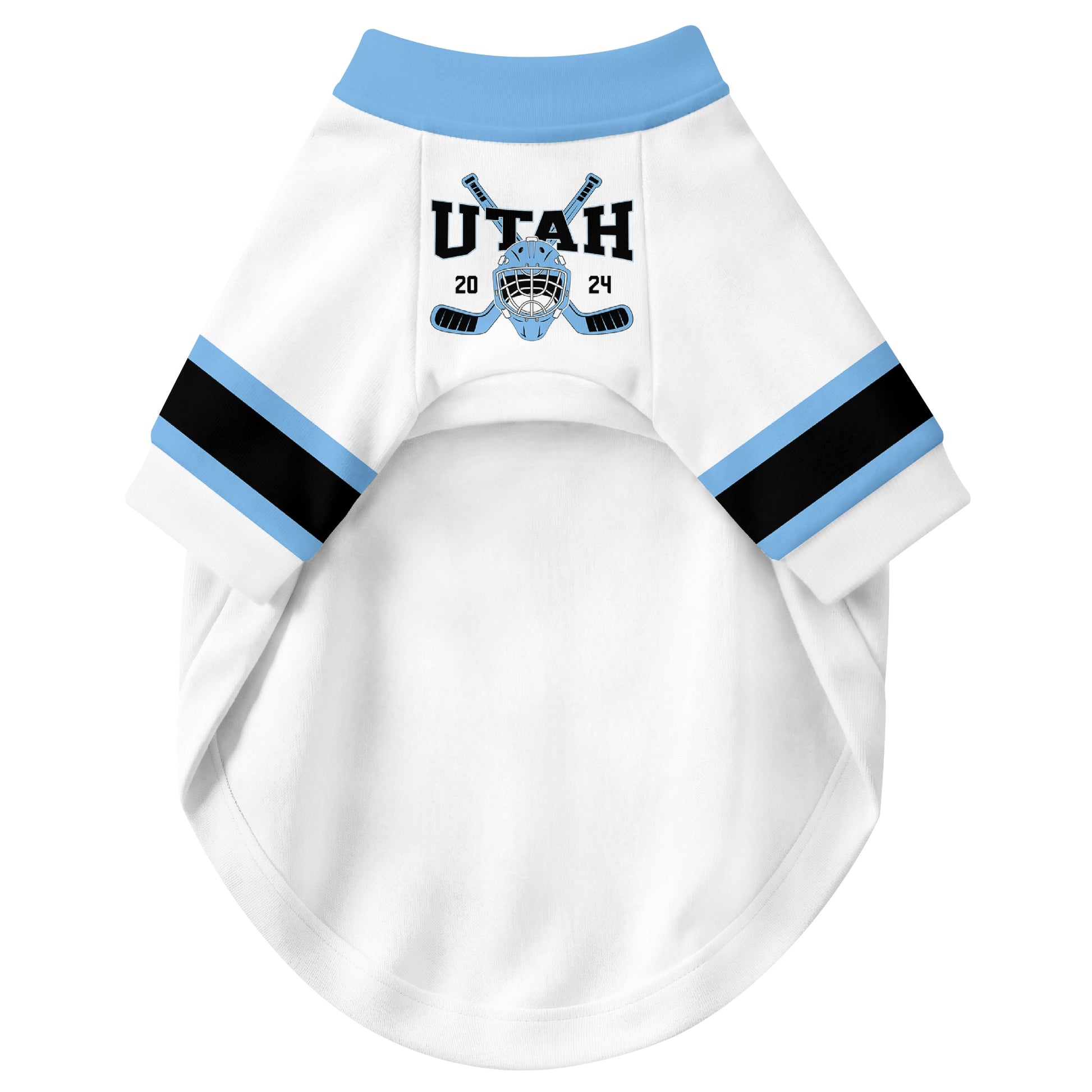 Front view of custom hockey-style dog jersey in White and Black colors