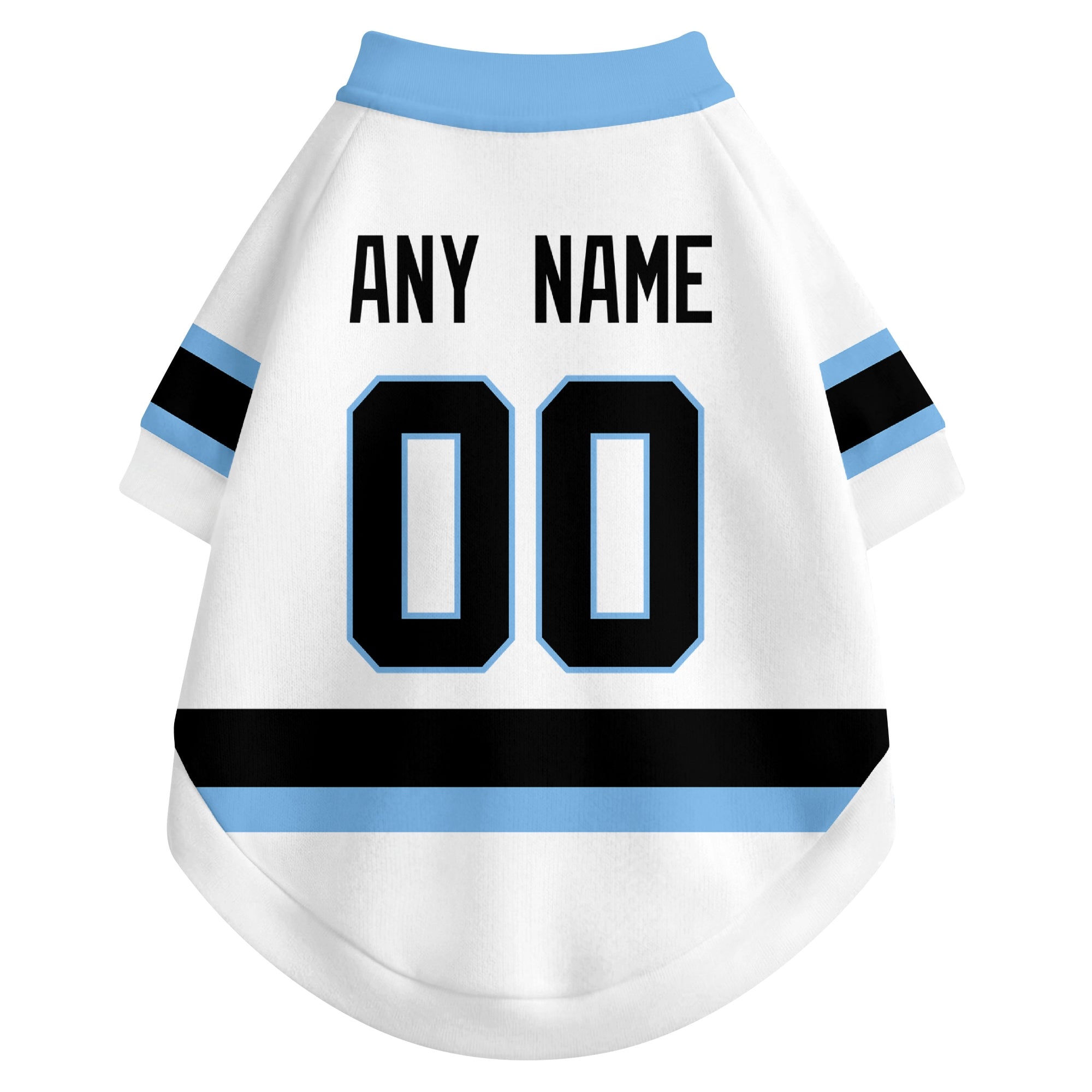 Back view of custom hockey-style dog jersey in White and Black colors with personalized name and number